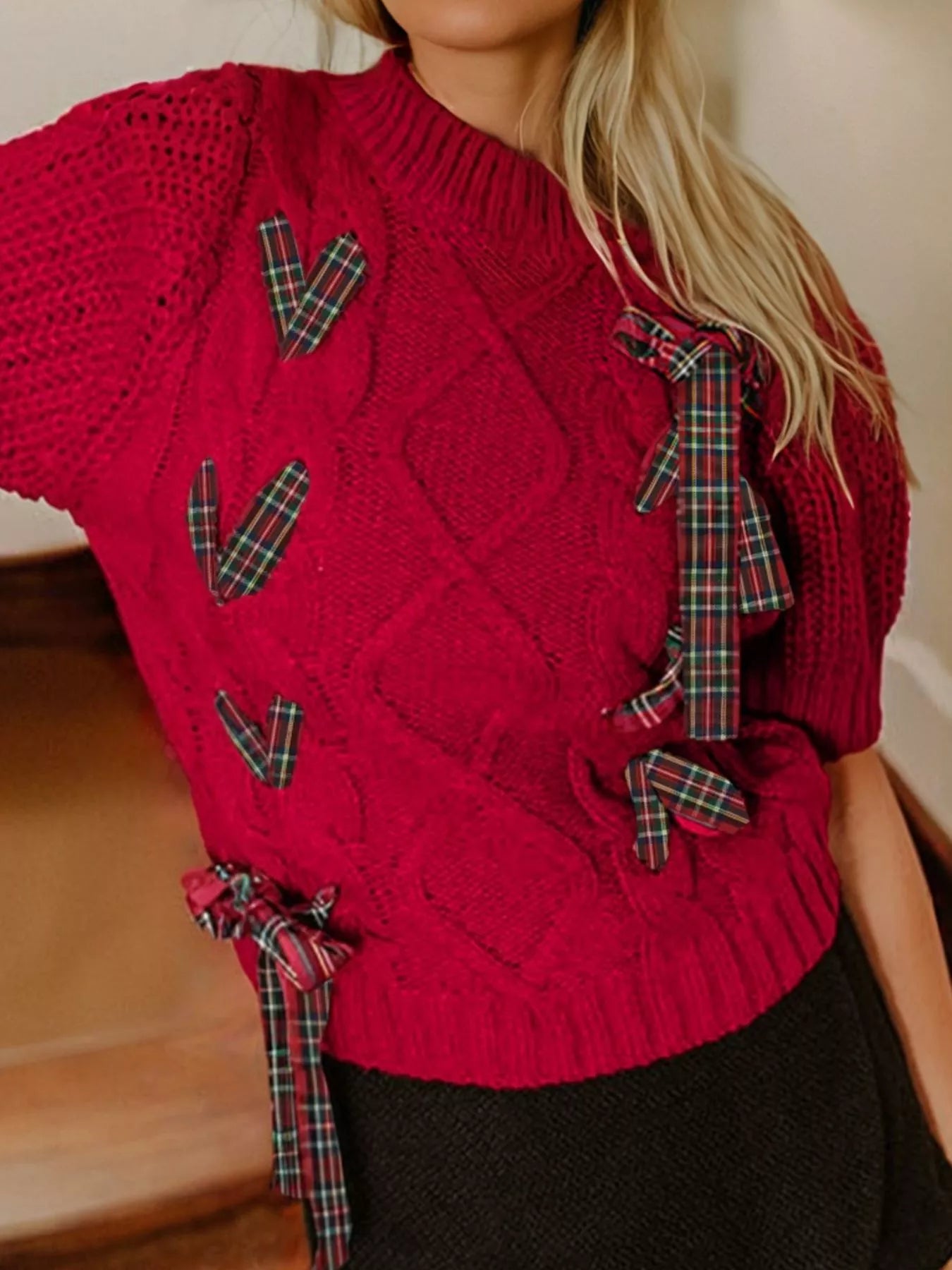 Plaid Lace Up Detail Christmas Holiday Puff Short Sleeve Sweater