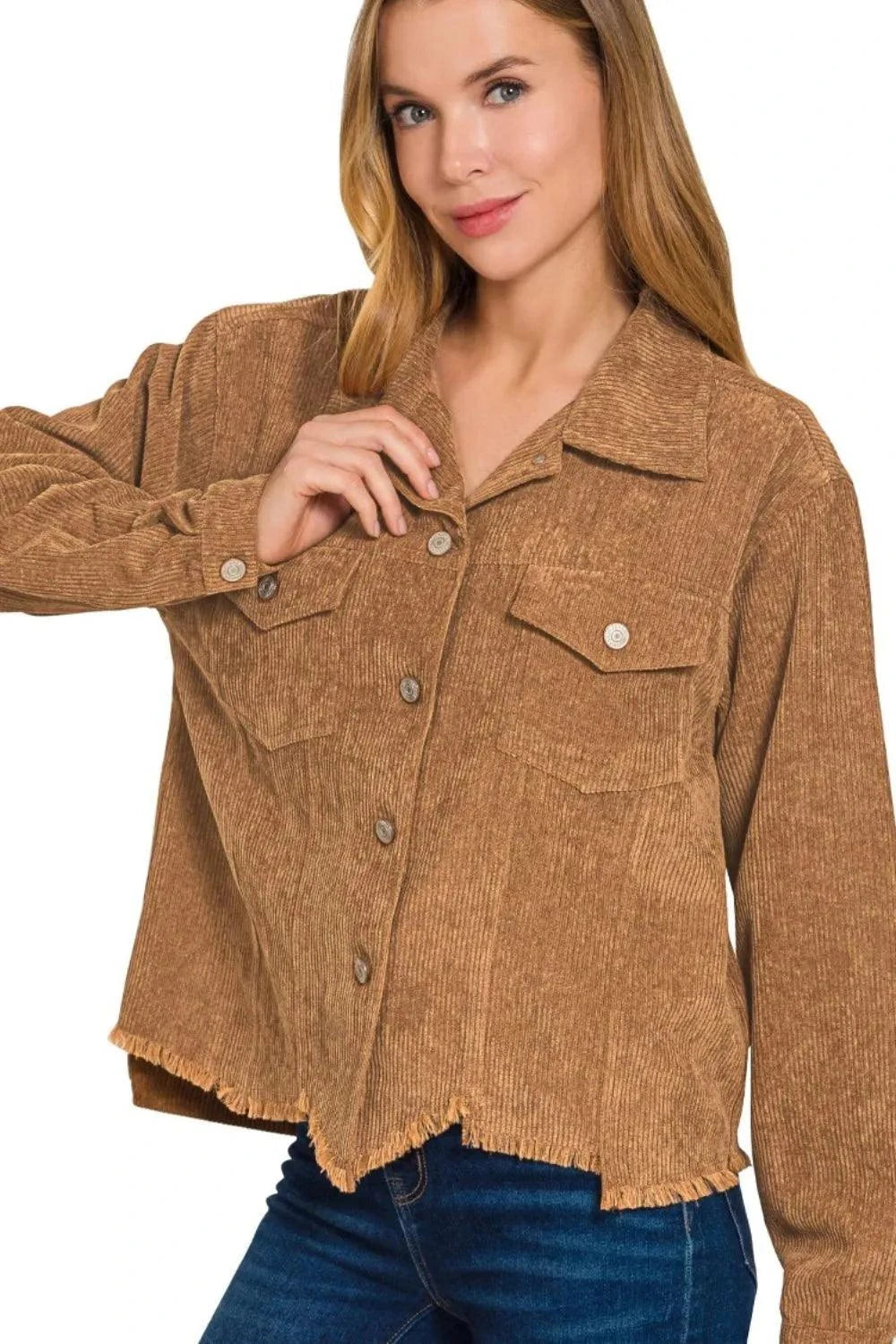 Zenana Distressed Corduroy Frayed Hem Cropped Jacket