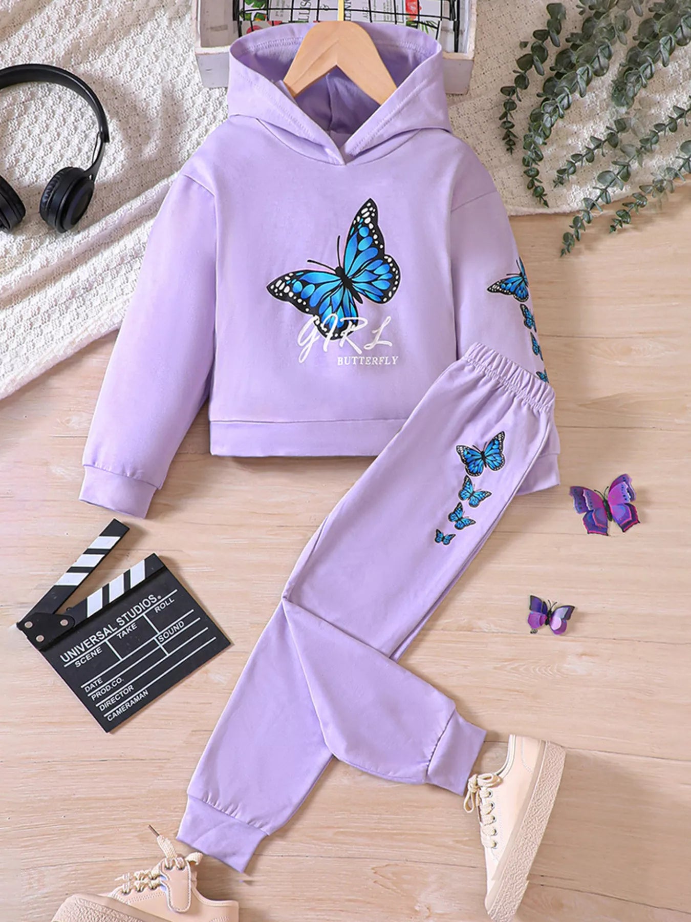 Childrens's Butterfly Print Hoodie & Pants Set
