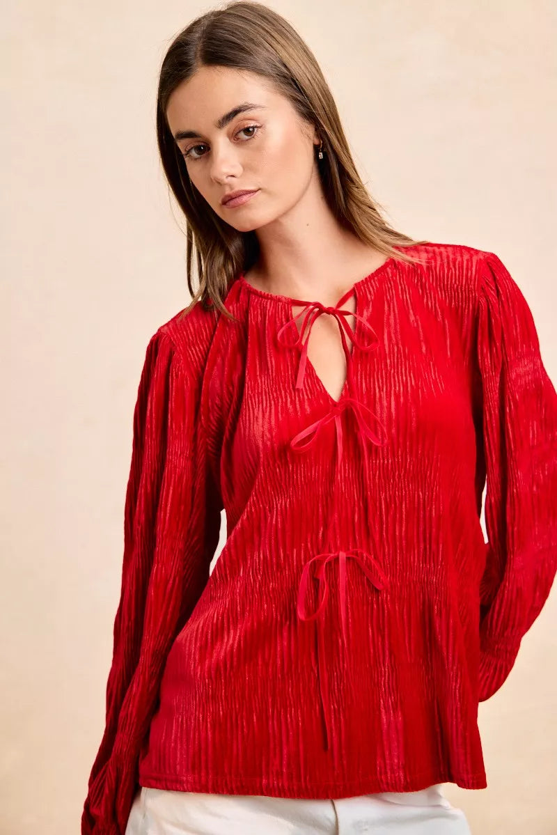 BiBi Christmas Theme Velvet Bow Tied Top With Neck Drop