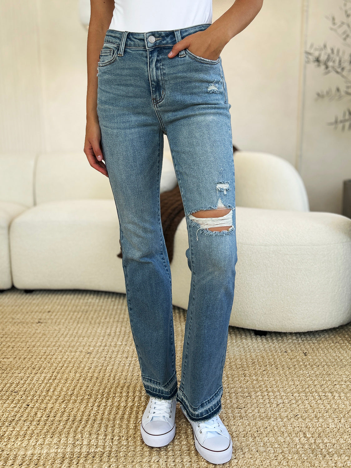 Judy Blue Mid Rise Distressed Hem Jeans | Alfadarling