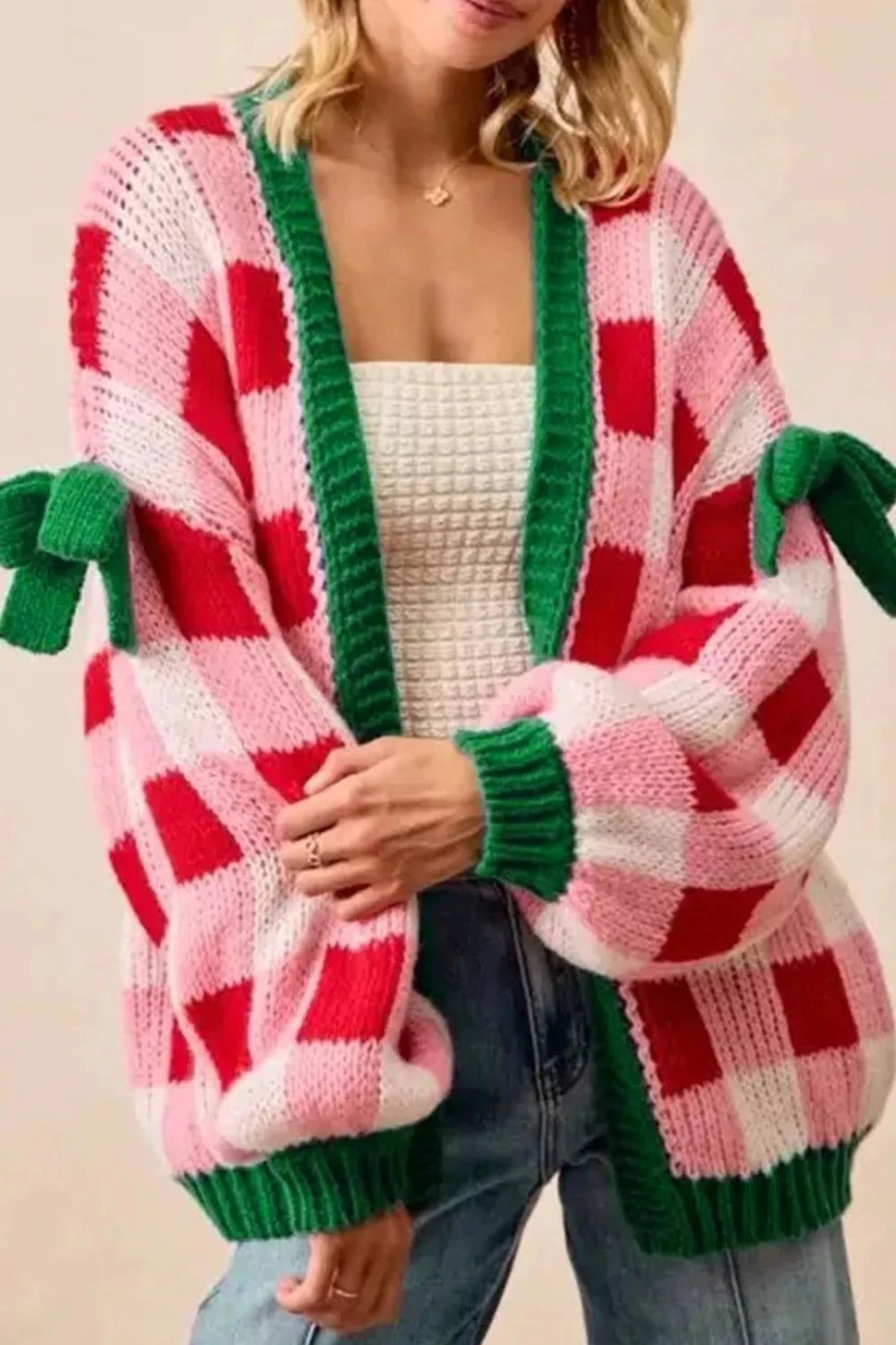 Checkered Bow-Tie Sleeve Knit Christmas Cardigan