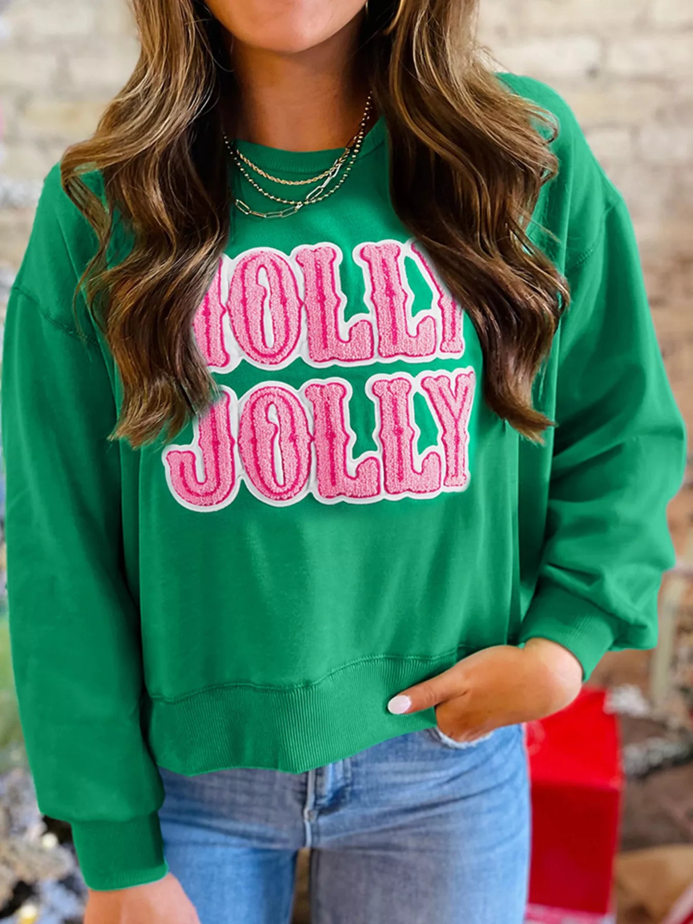 HOLLY JOLLY Towel Embroidered Christmas Holiday Sweatshirt