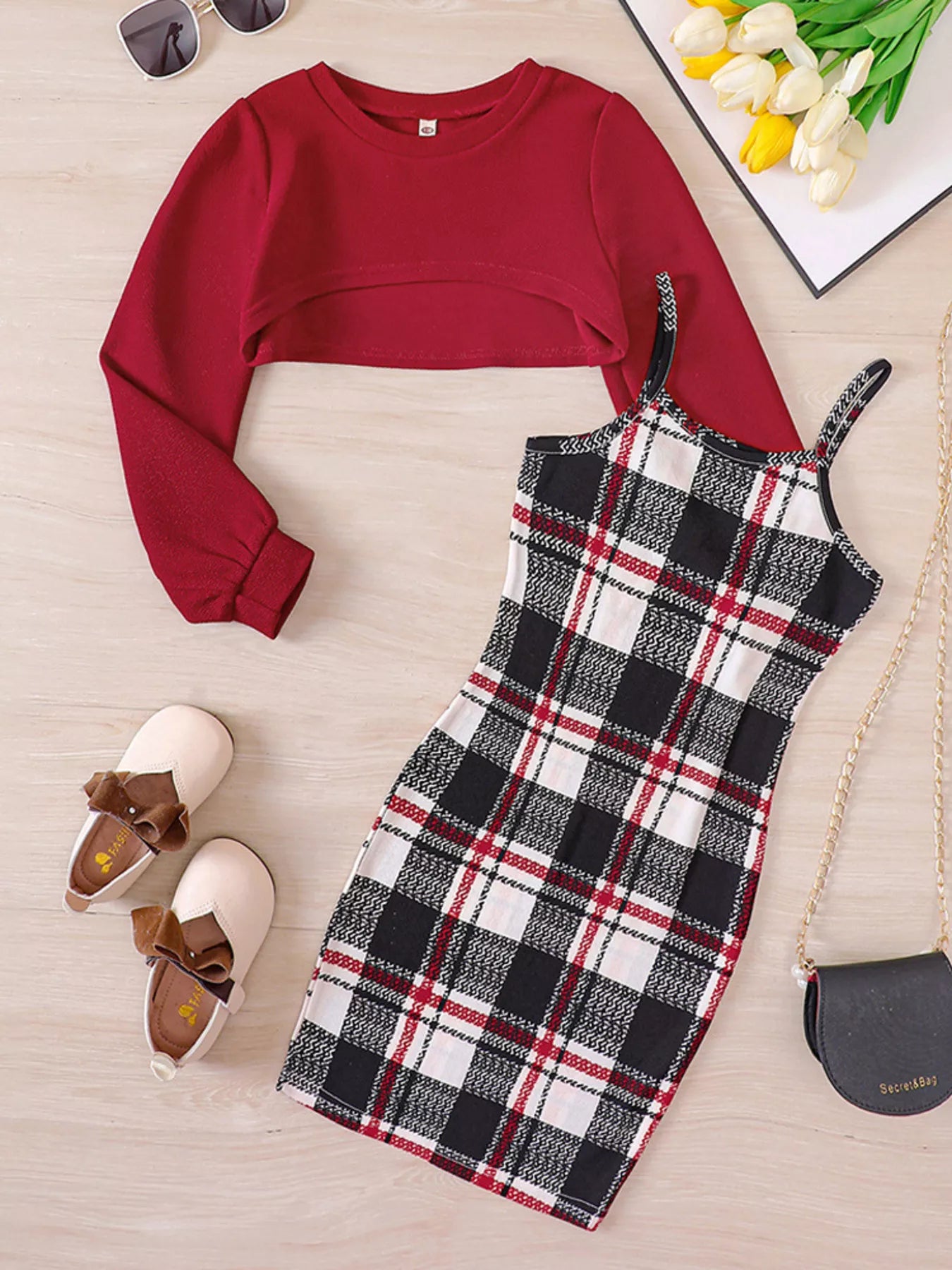 Children's Plaid Print Long Sleeve Dress Set