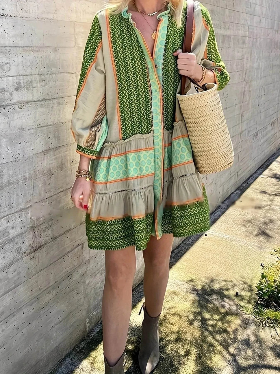 Printed Button Front Long Sleeve Dress