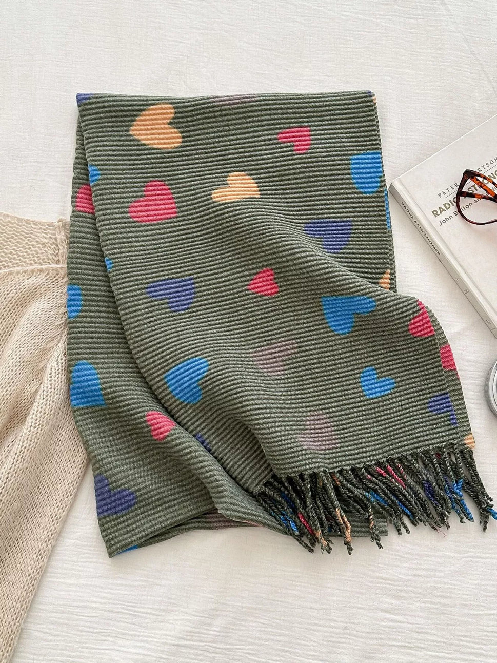 Heart Patterned Tassel Scarf