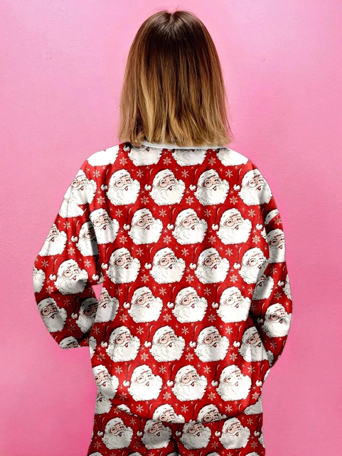 Christmas Santa Print Round Neck Top and Shorts Lounge Set