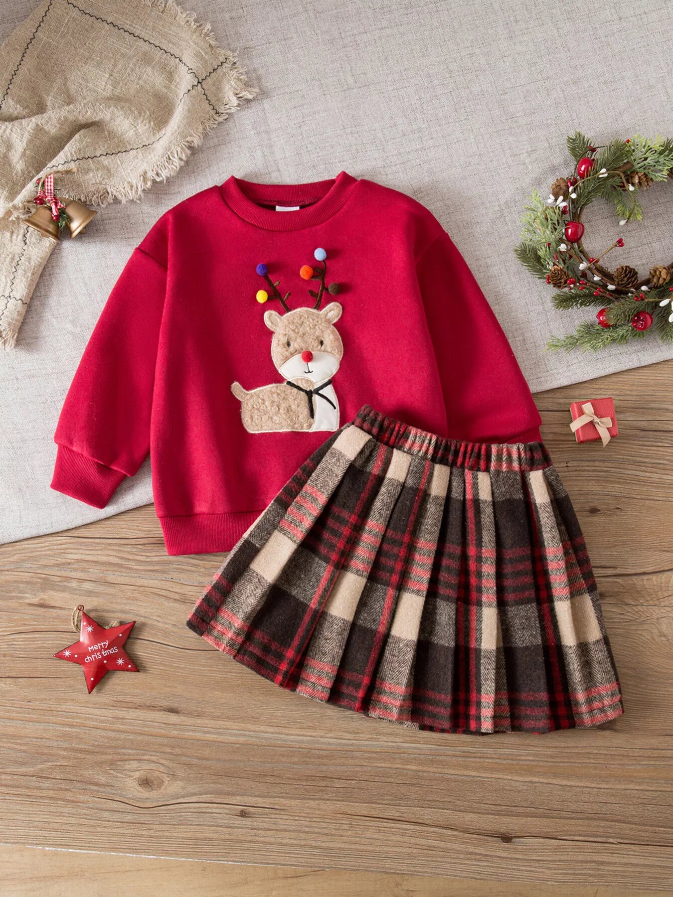 Children's Christmas Reindeer Sweatshirt & Plaid Skirt Set