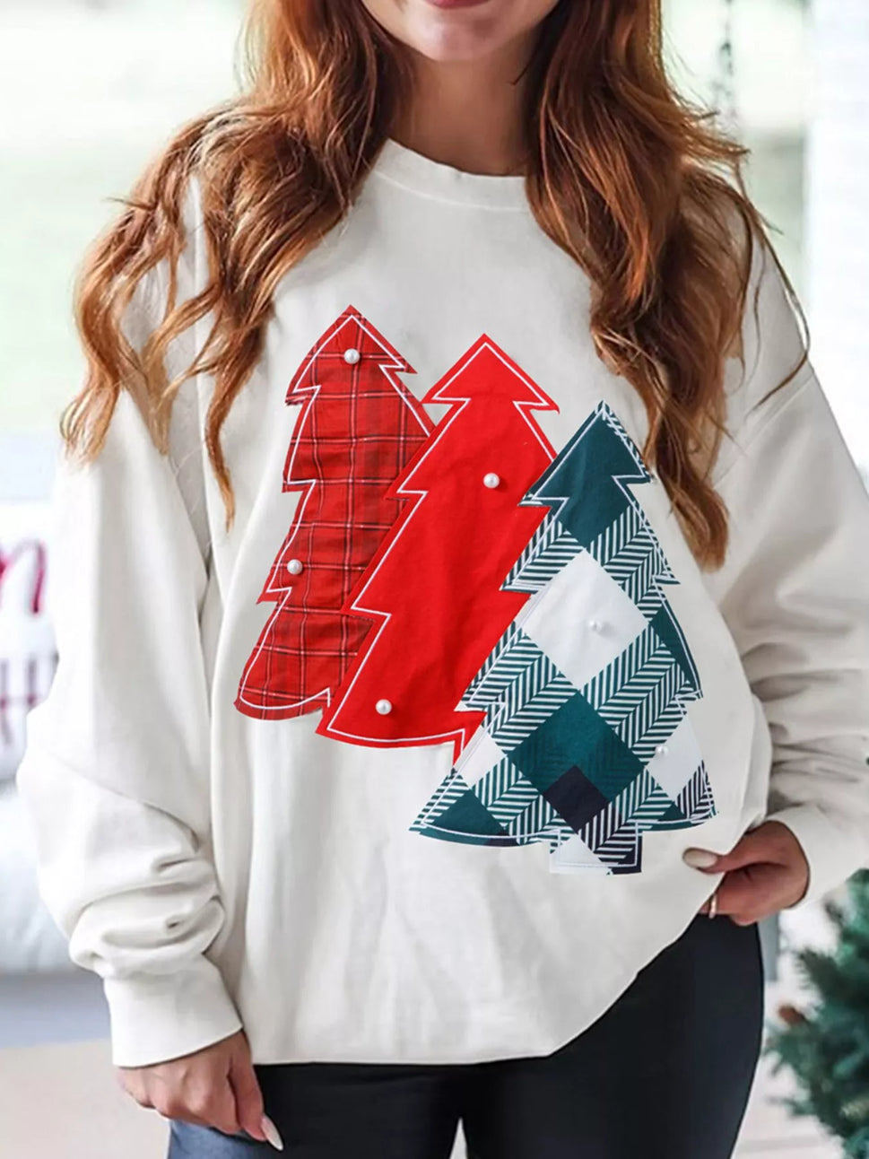 Pearl Plaid Christmas Tree Patched Drop Shoulder Sweatshirt