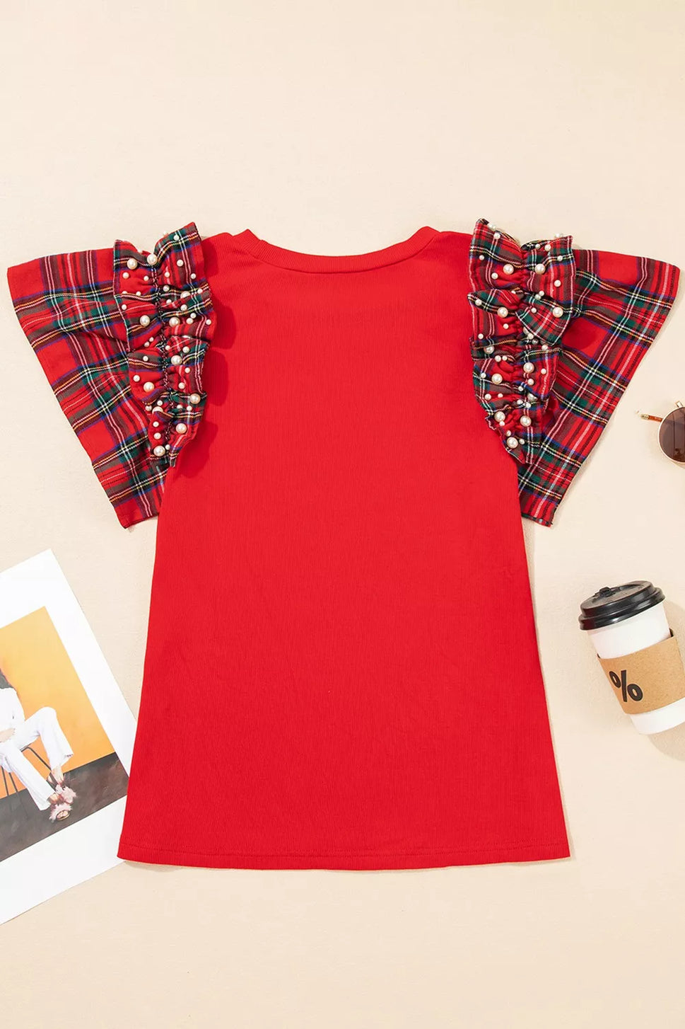 MERRY Plaid Ruffled Cap Sleeve Christmas Knit Top