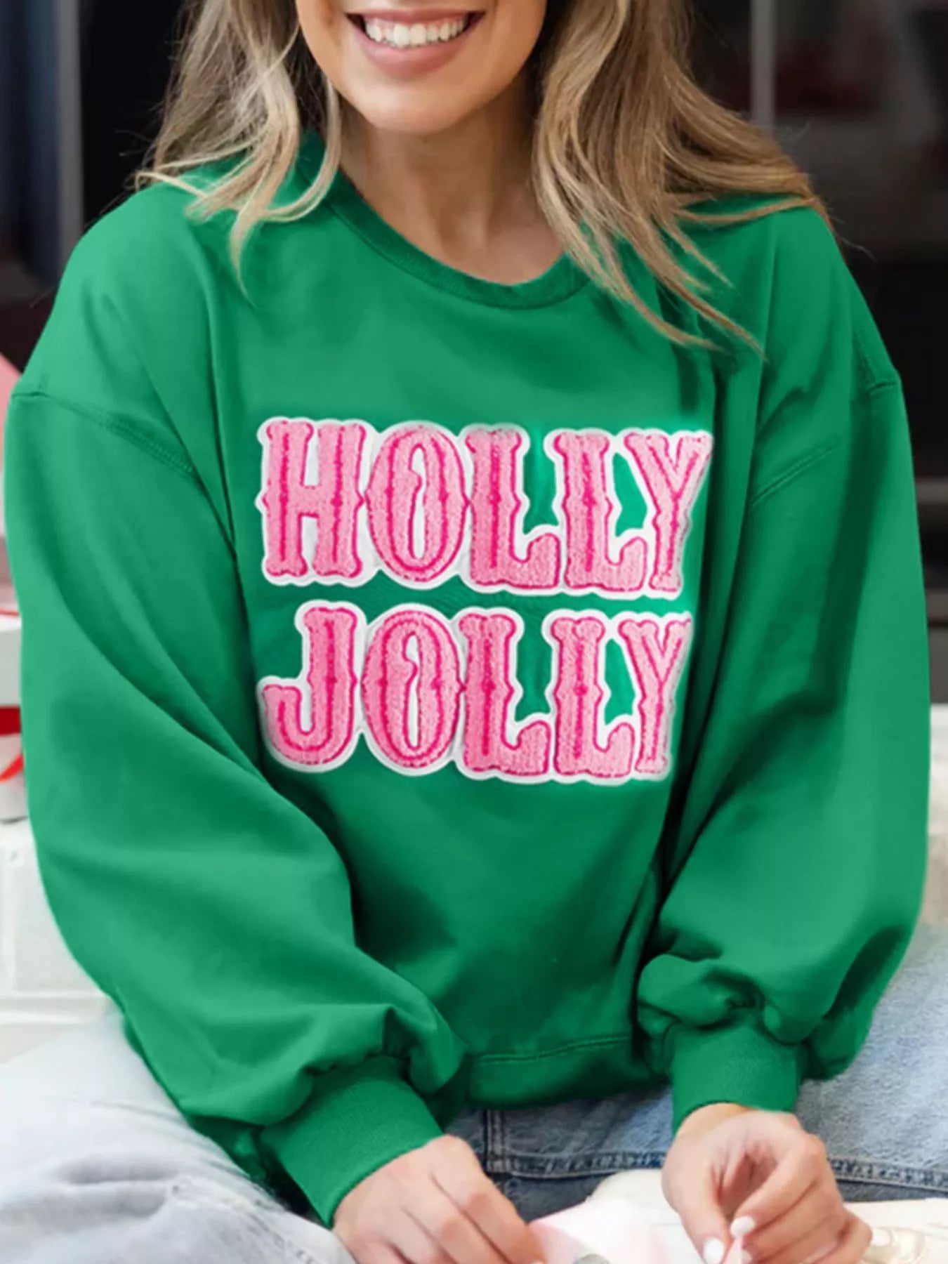 HOLLY JOLLY Towel Embroidered Christmas Holiday Sweatshirt