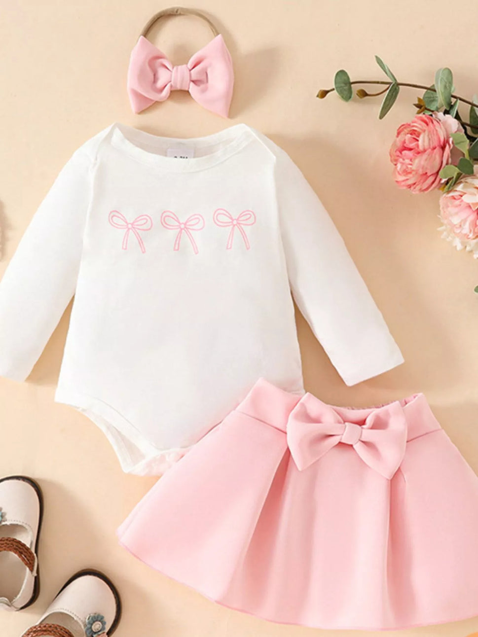 Children's Bowknot Bodysuit & Skirt & Headband 3-Piece Set