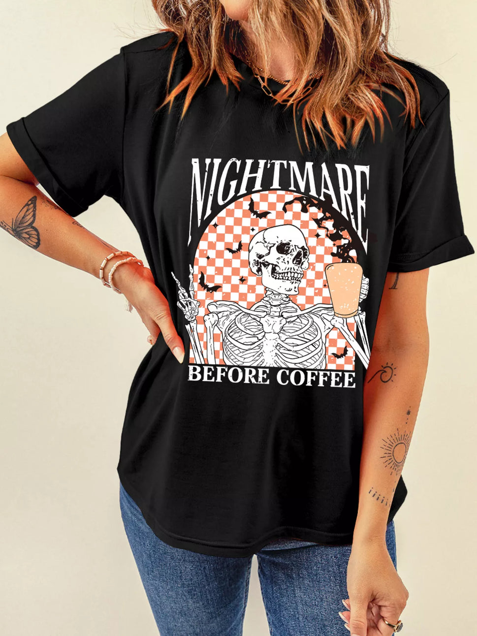 Halloween Skull Checkerboard Graphic Round Neck T-Shirt