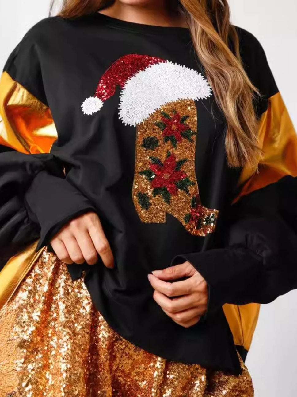 Christmas Sequin Boot Long Sleeve Sweatshirt
