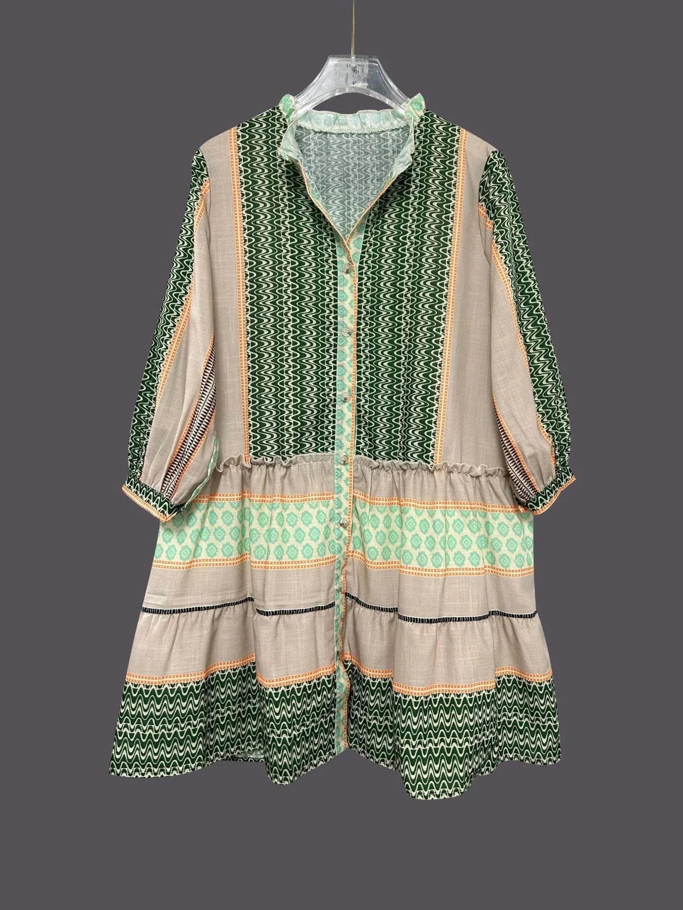 Printed Button Front Long Sleeve Dress