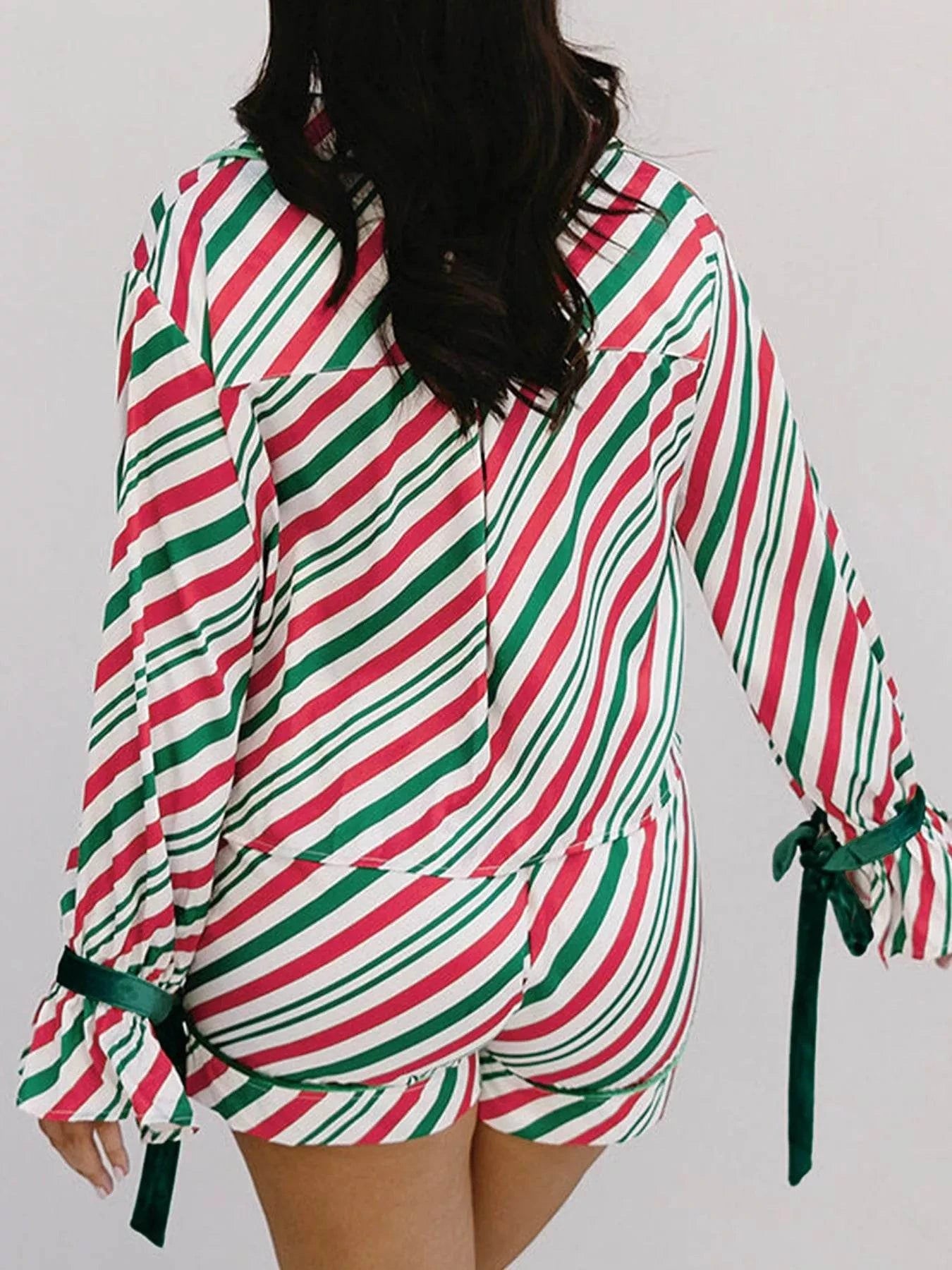Stripe Contrast Velvet Ribbon Knot Christmas 2pcs Pajama Set