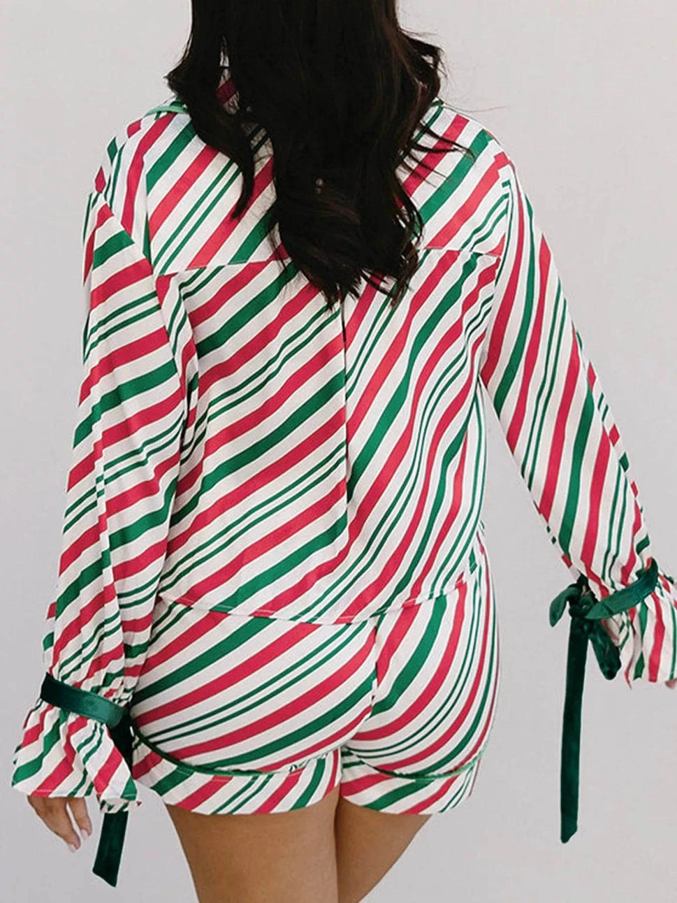 Stripe Contrast Velvet Ribbon Knot Christmas 2pcs Pajama Set