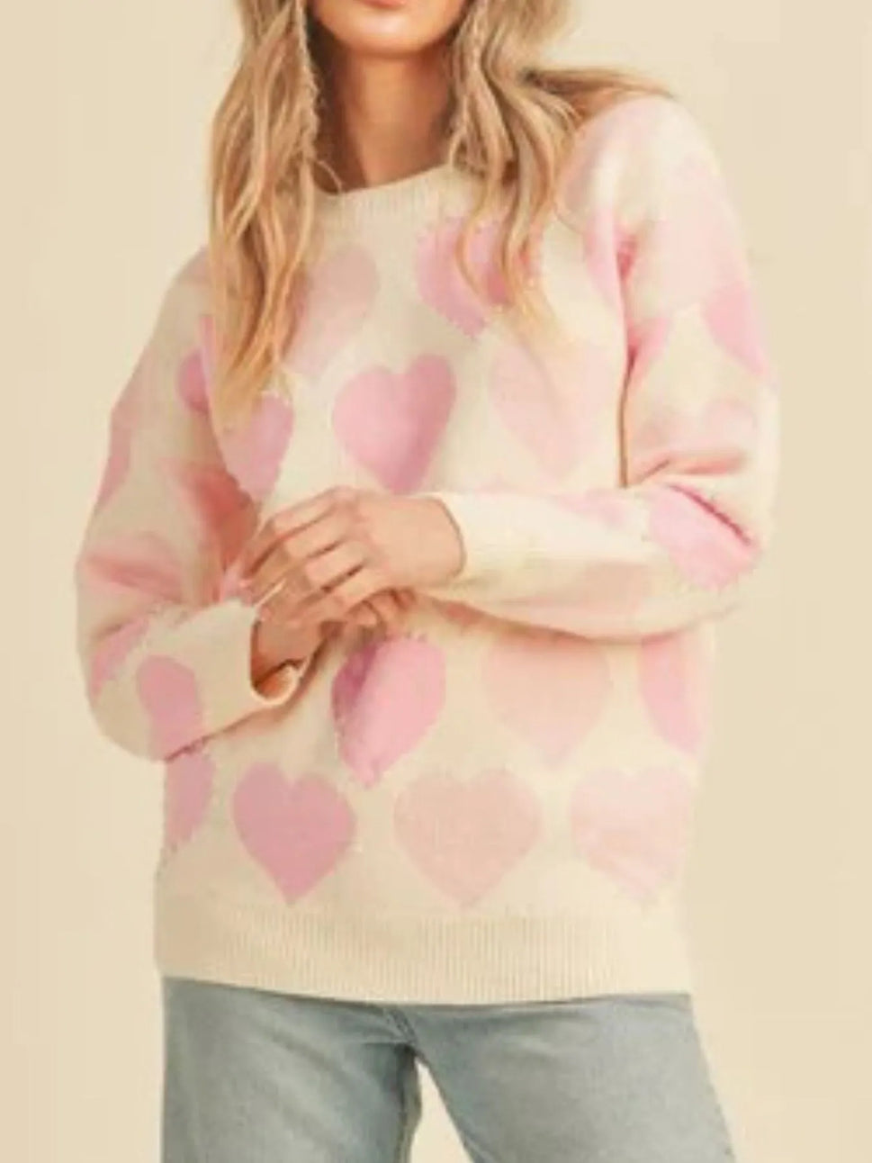 Heart Ribbed Hem Long Sleeve Sweater