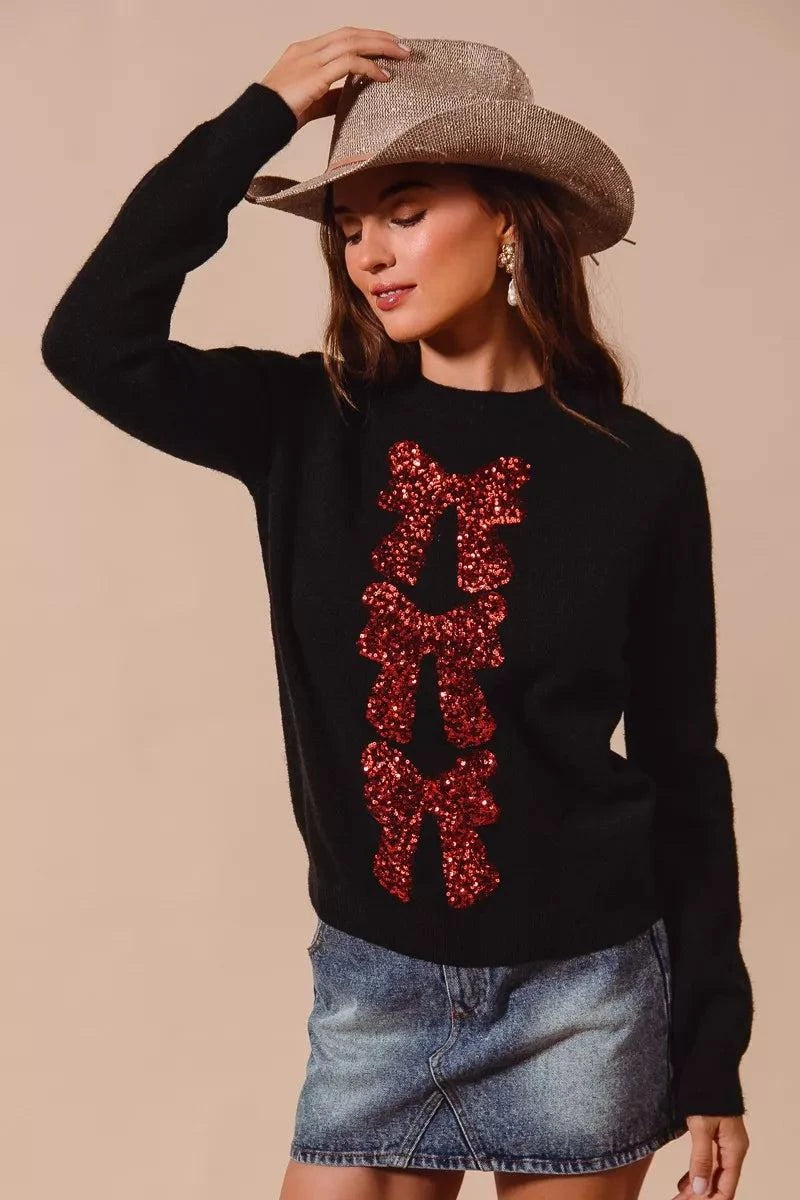 SO ME Sequins Bow Ribbon Embellished Christmas Sweater
