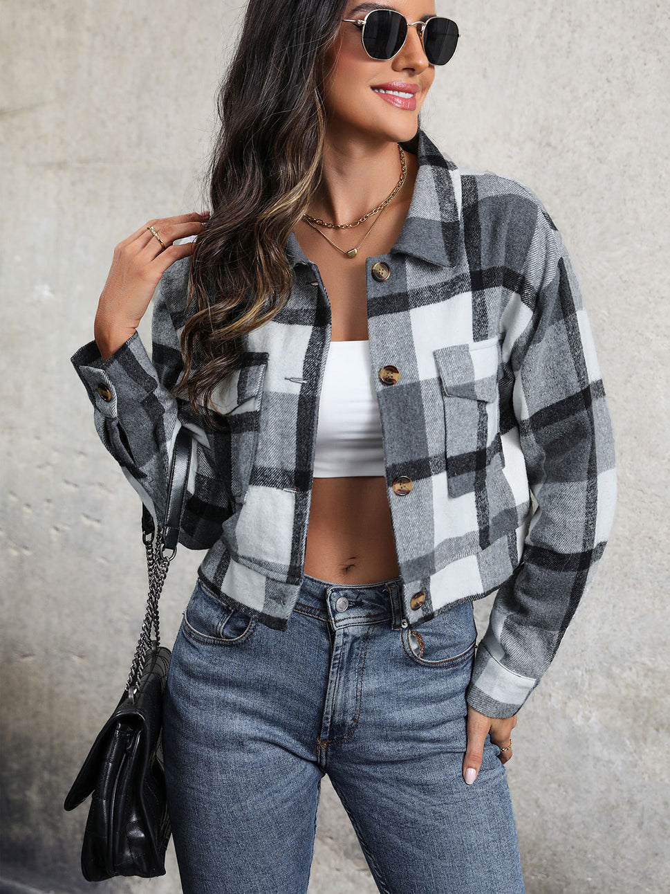 Perfee Plaid Button Up Drop Shoulder Cropped Jacket