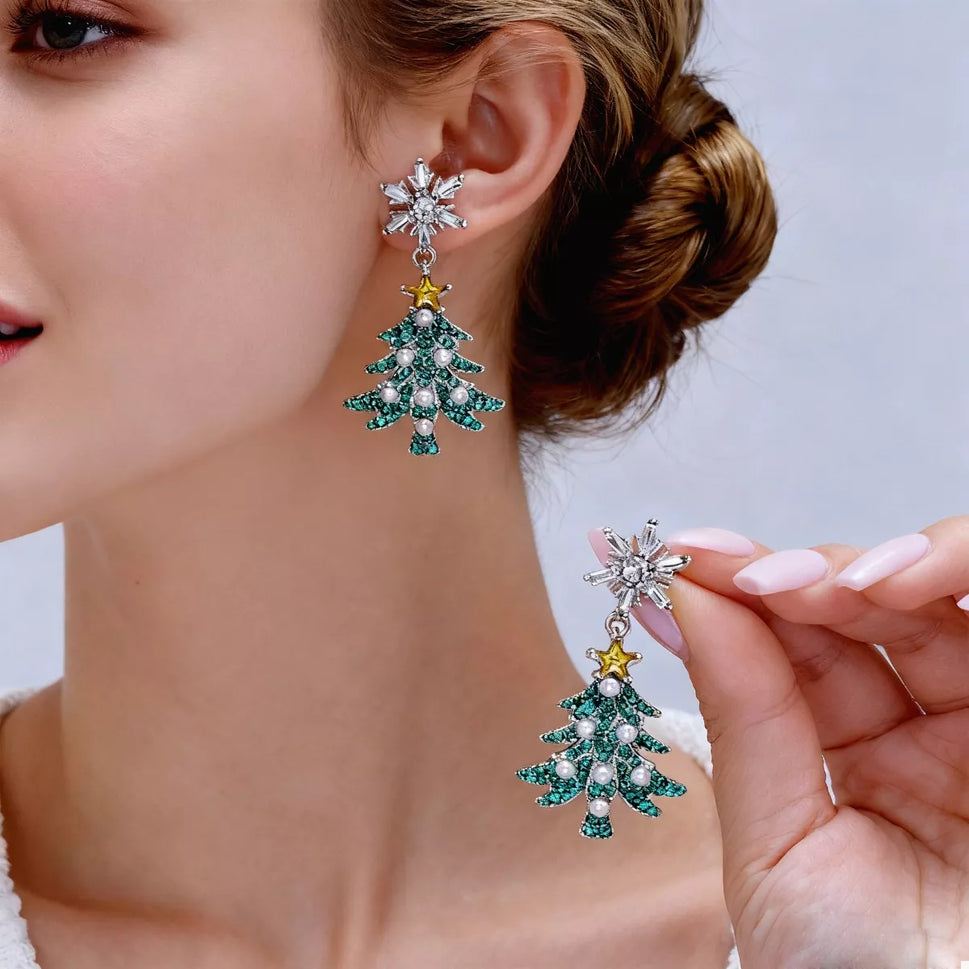 Christmas Tree Snowflake Dangle Earrings