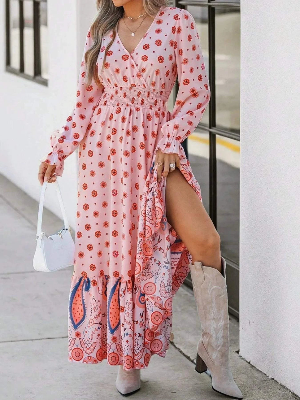Printed Surplice Flounce Sleeve Maxi Dress
