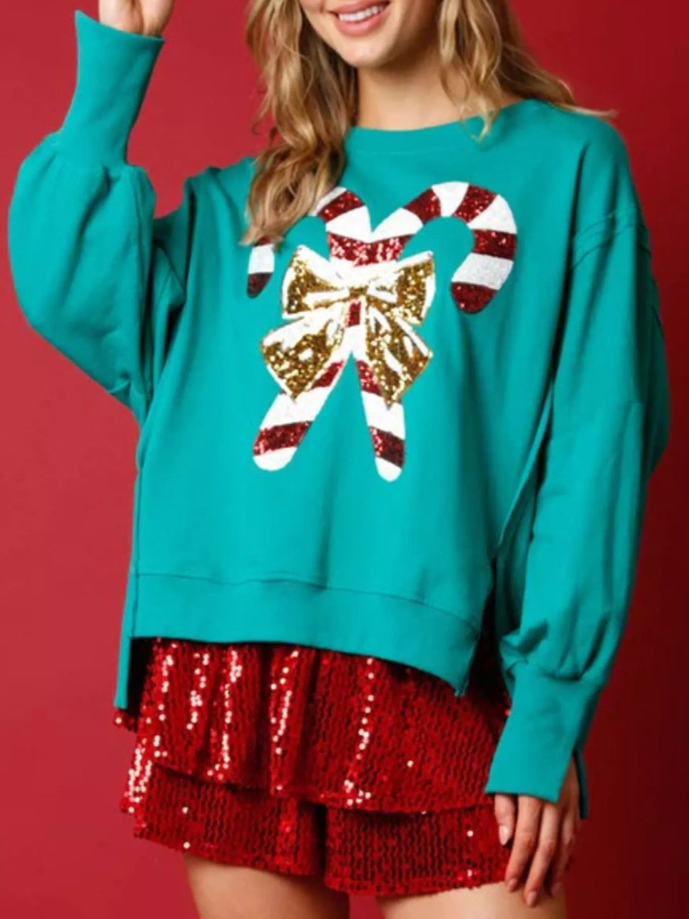Christmas Candy Cane Bow Dropped Shoulder Sweatshirt