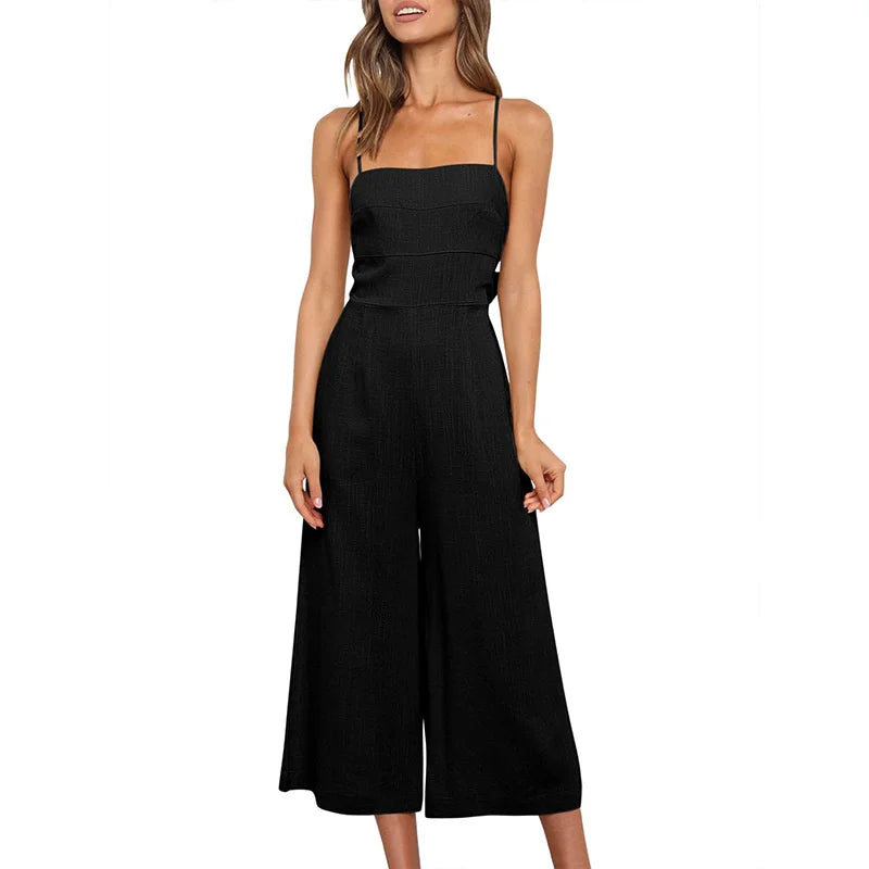 New European and American Women'S Cotton Linen Boho Jumpsuits Suspenders Back Bow Wide Leg Pant Sexy One Piece Workout Jumpsuit