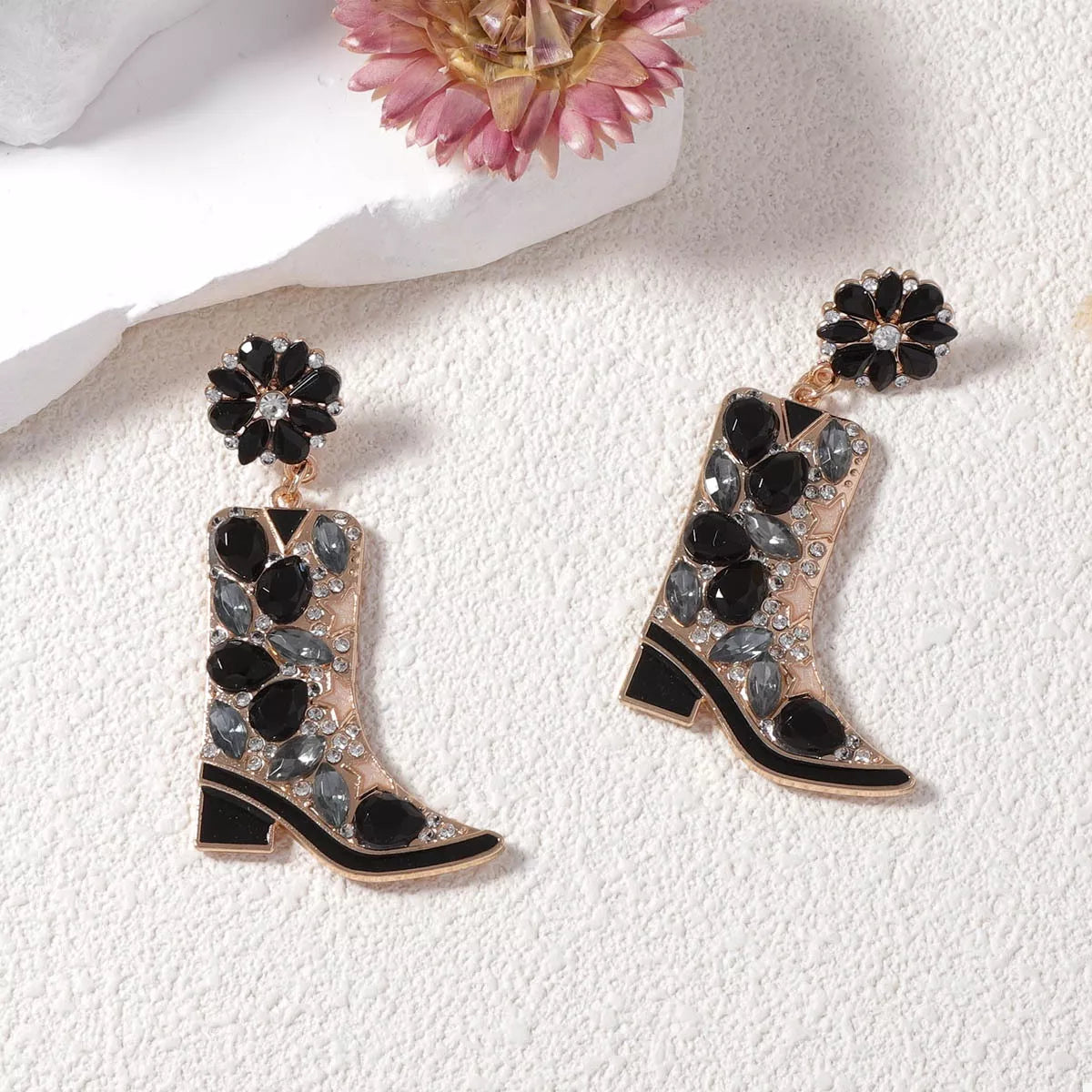 Western Boot Dangle Earrings with Rhinestones