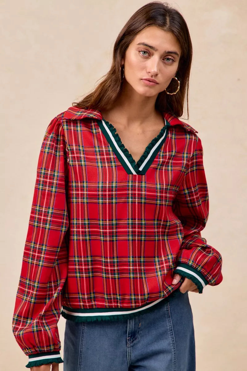BiBi Christmas Plaid Collared Top with Ruffled Detail