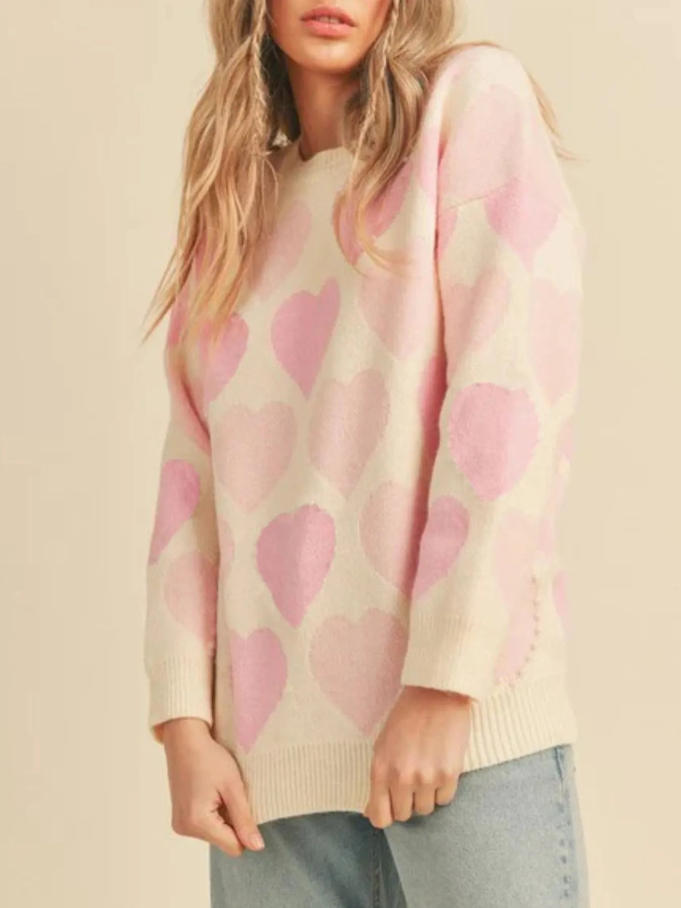 Heart Ribbed Hem Long Sleeve Sweater