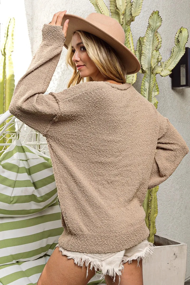 BiBi Raw Edged Popcorn Texture V-neck Sweater