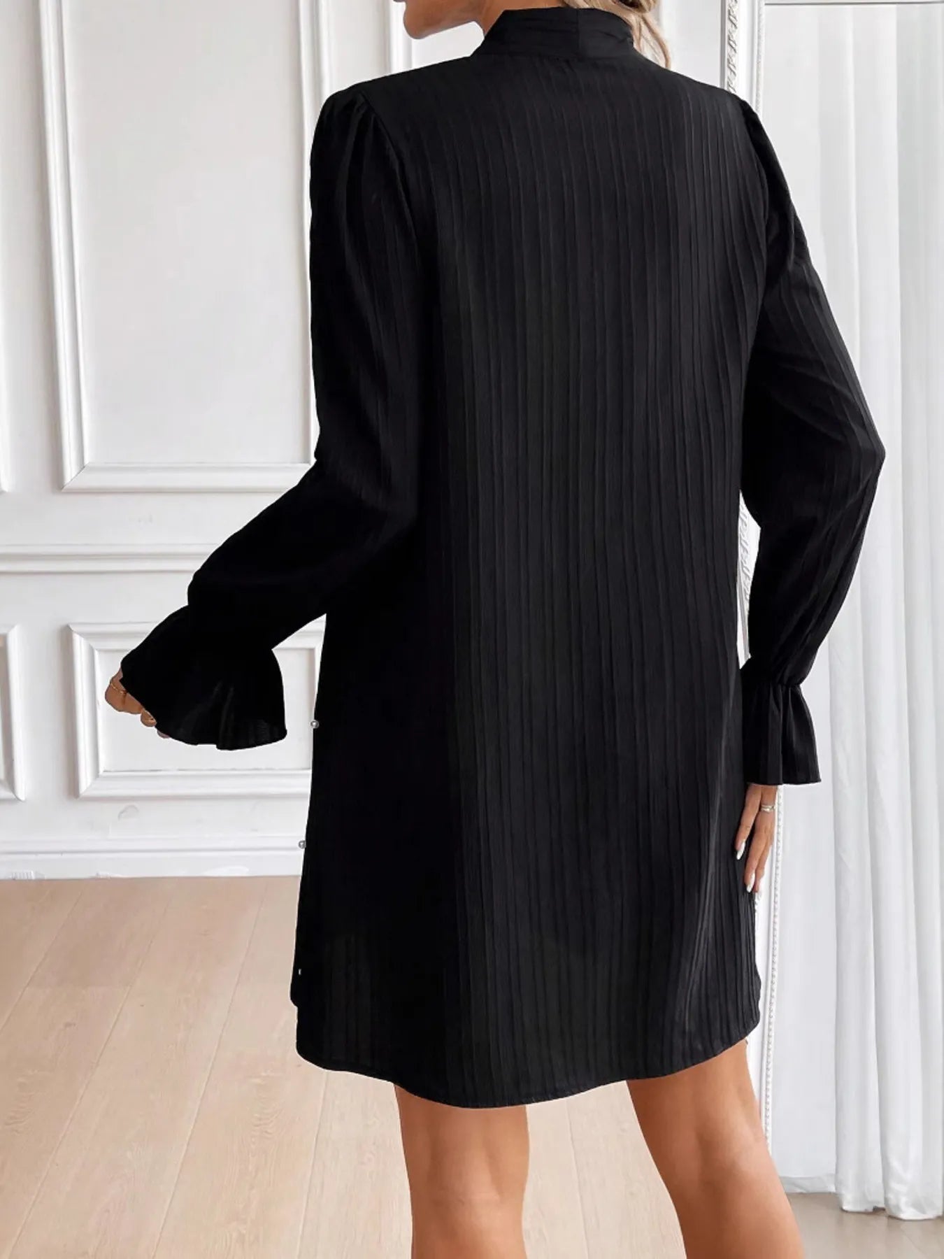 Pearl Embellished Bow Tie Flounce Sleeve Dress