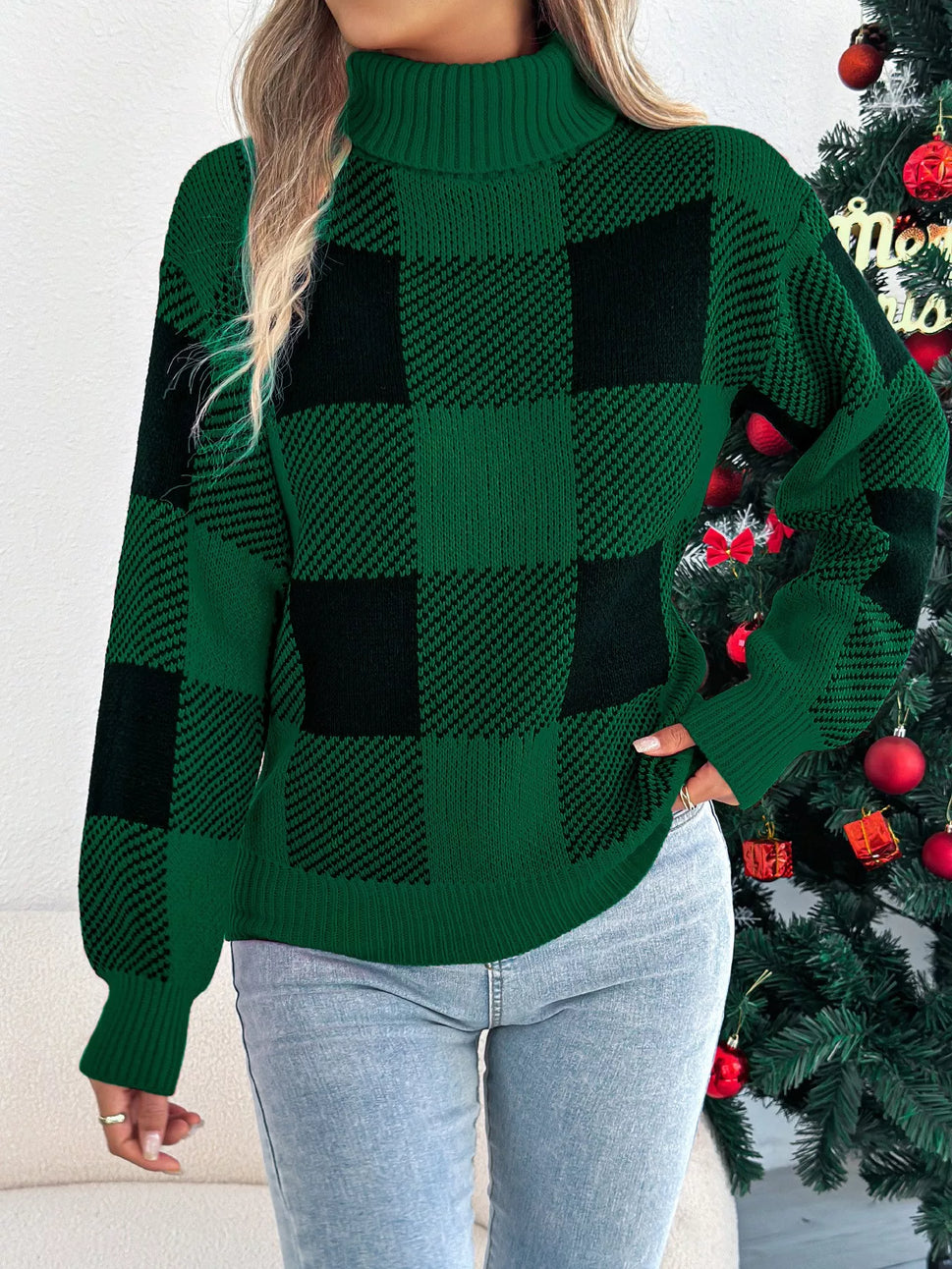 Christmas Plaid Long Sleeve Turtleneck Sweater