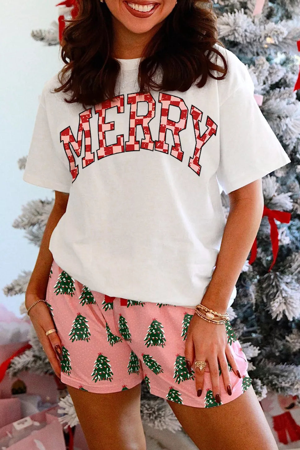 Merry Round Neck Top and Shorts Christmas Set