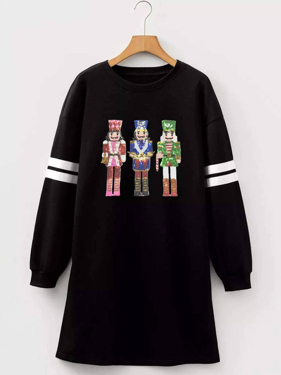 Christmas Sequin Nutcracker-man Graphic Varsity Striped Sleeve Sweatshirt Dress