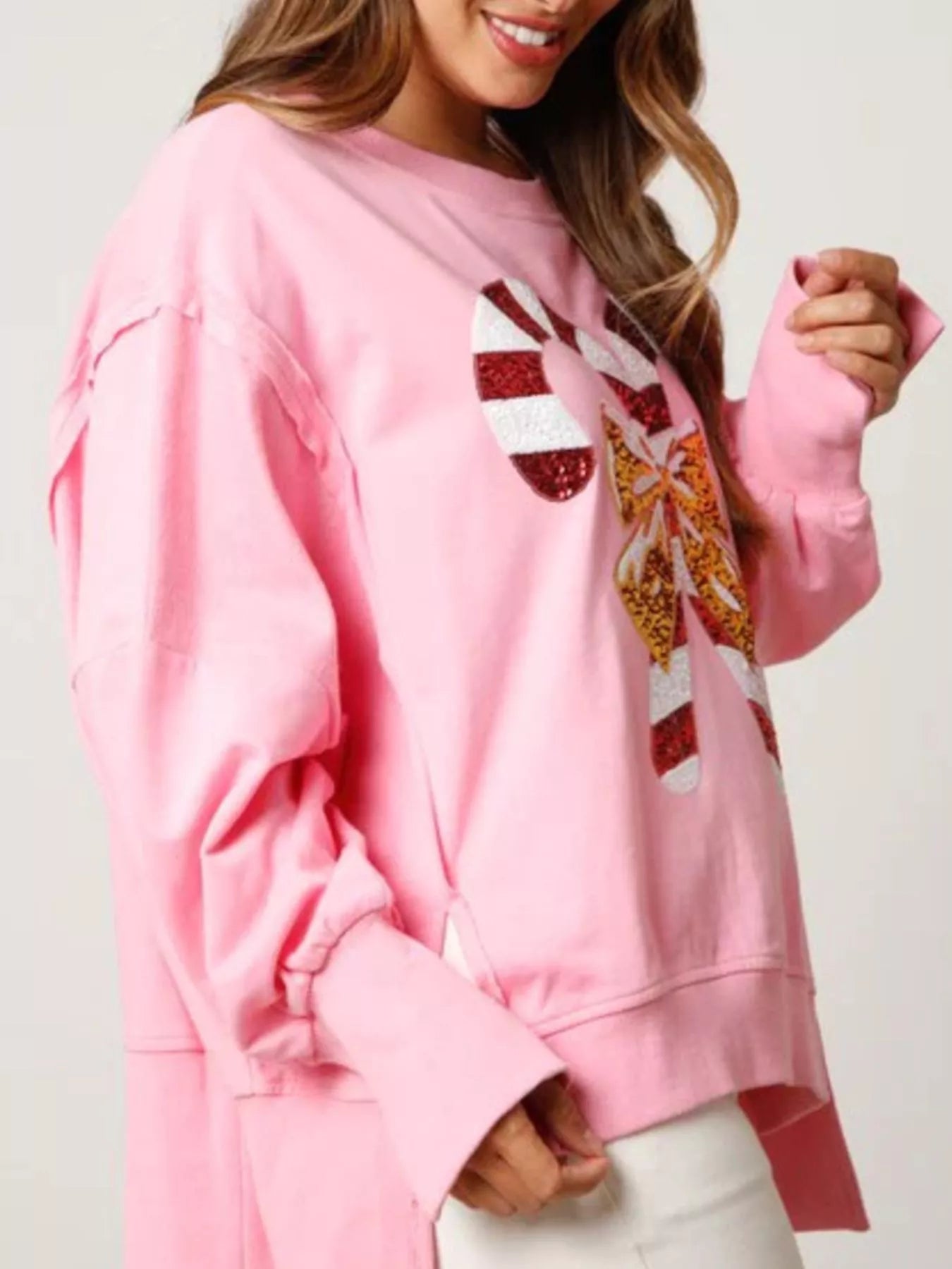 Christmas Candy Cane Bow Dropped Shoulder Sweatshirt