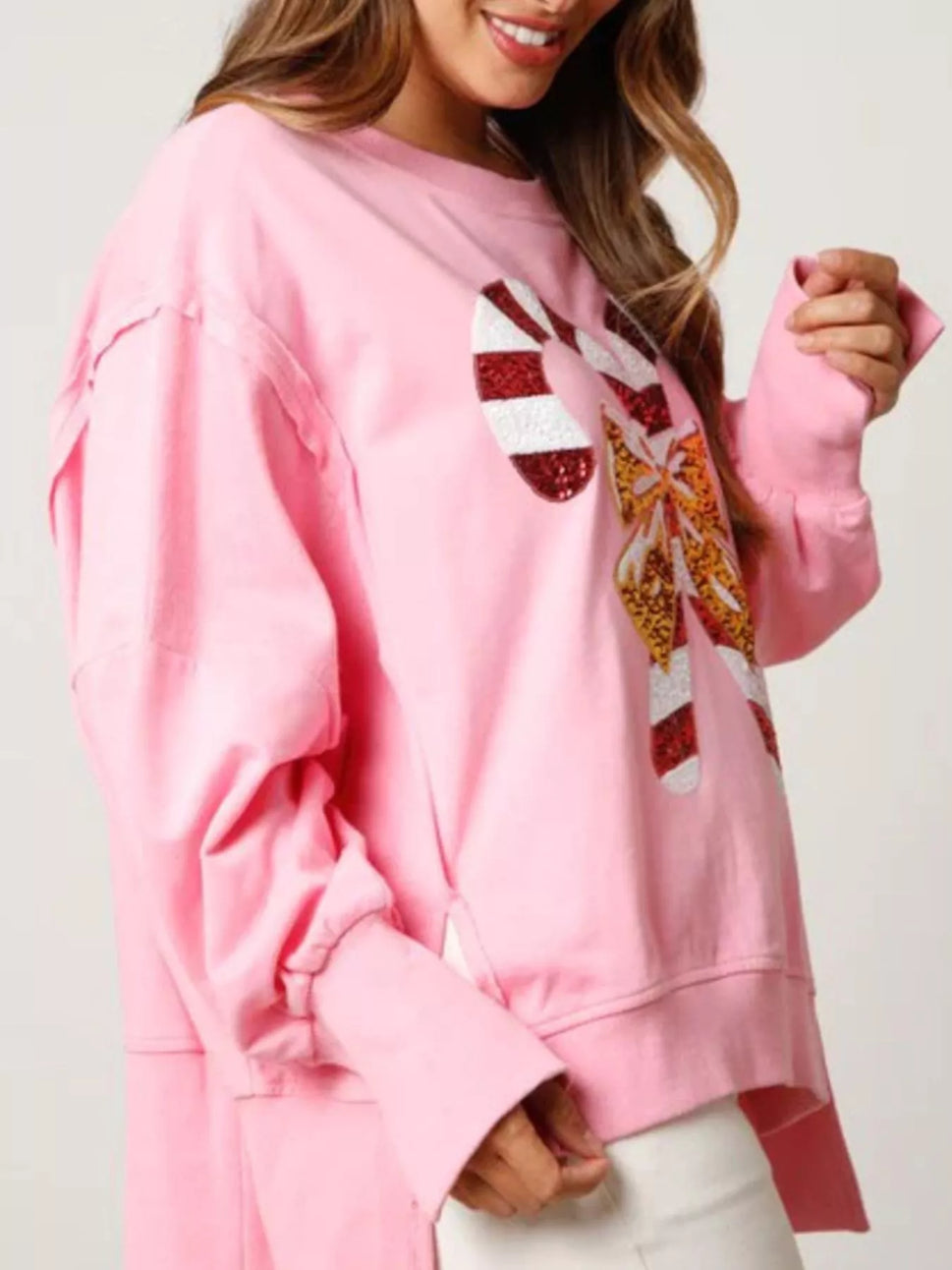 Christmas Candy Cane Bow Dropped Shoulder Sweatshirt