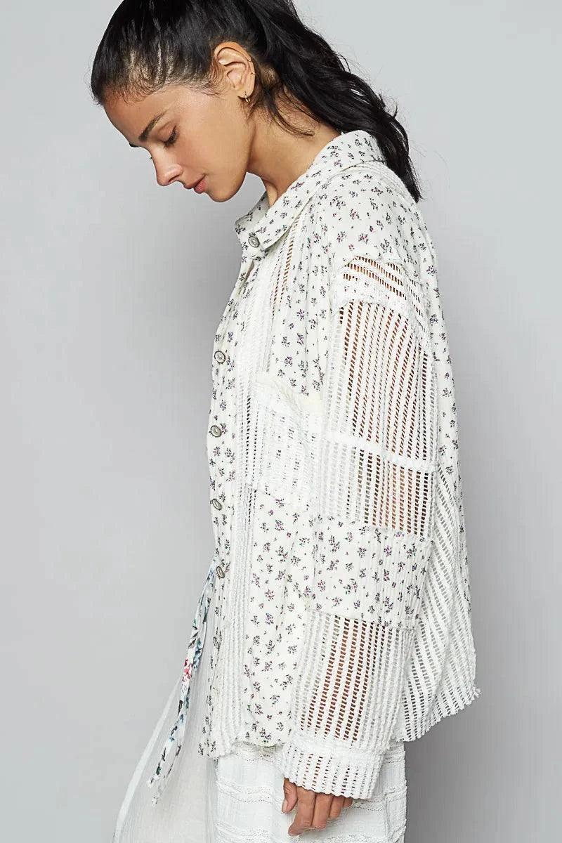 POL Floral Crochet Patchwork Long Sleeve Shirt