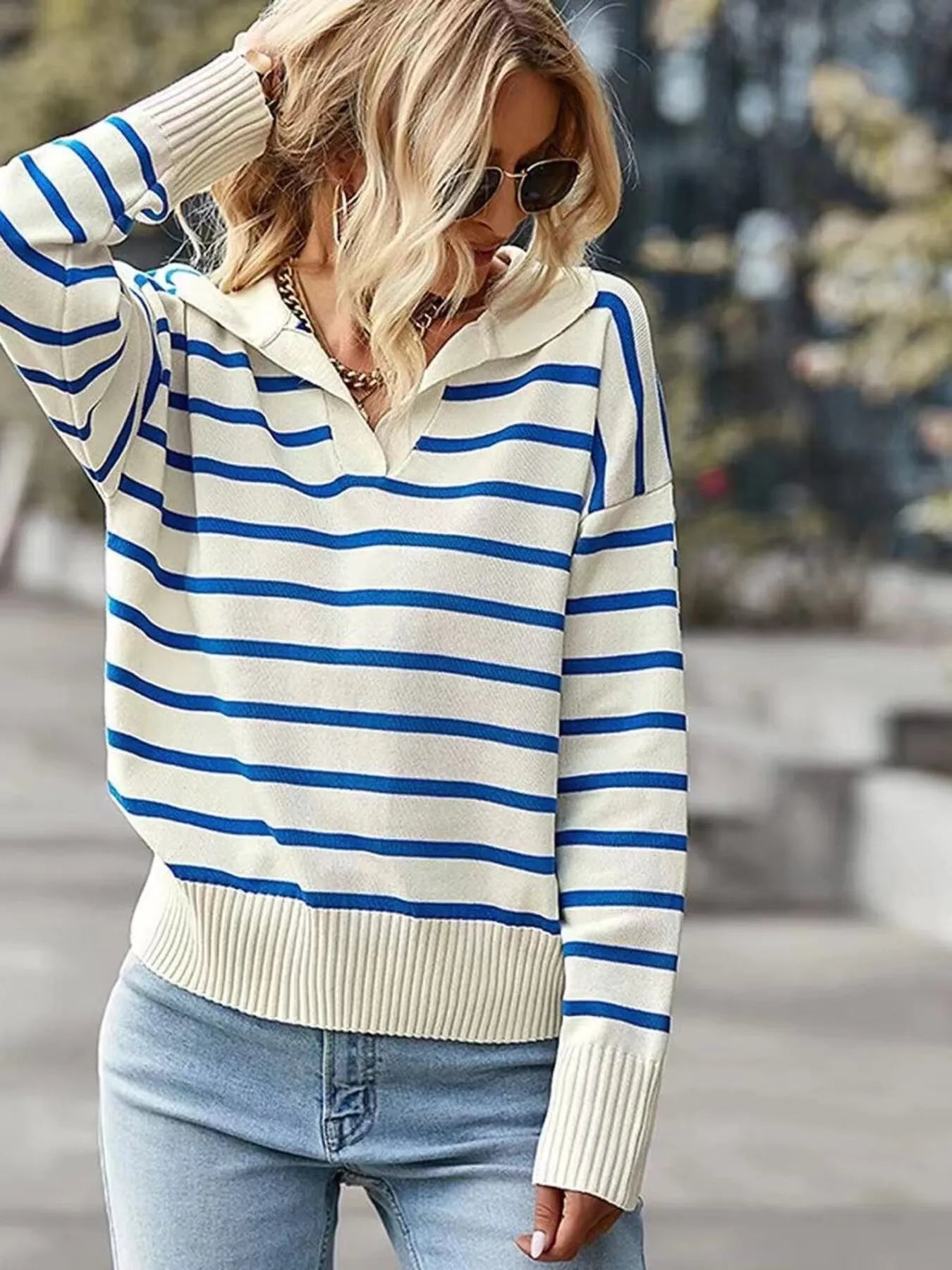 Ribbed Hem Long Sleeve Striped Sweater