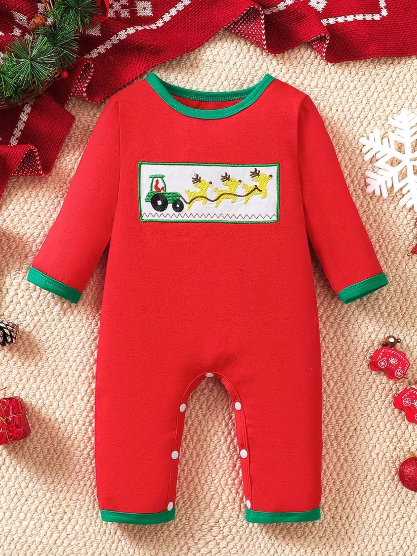 Children's Christmas Theme Embroidered Snapped Legs Jumpsuit