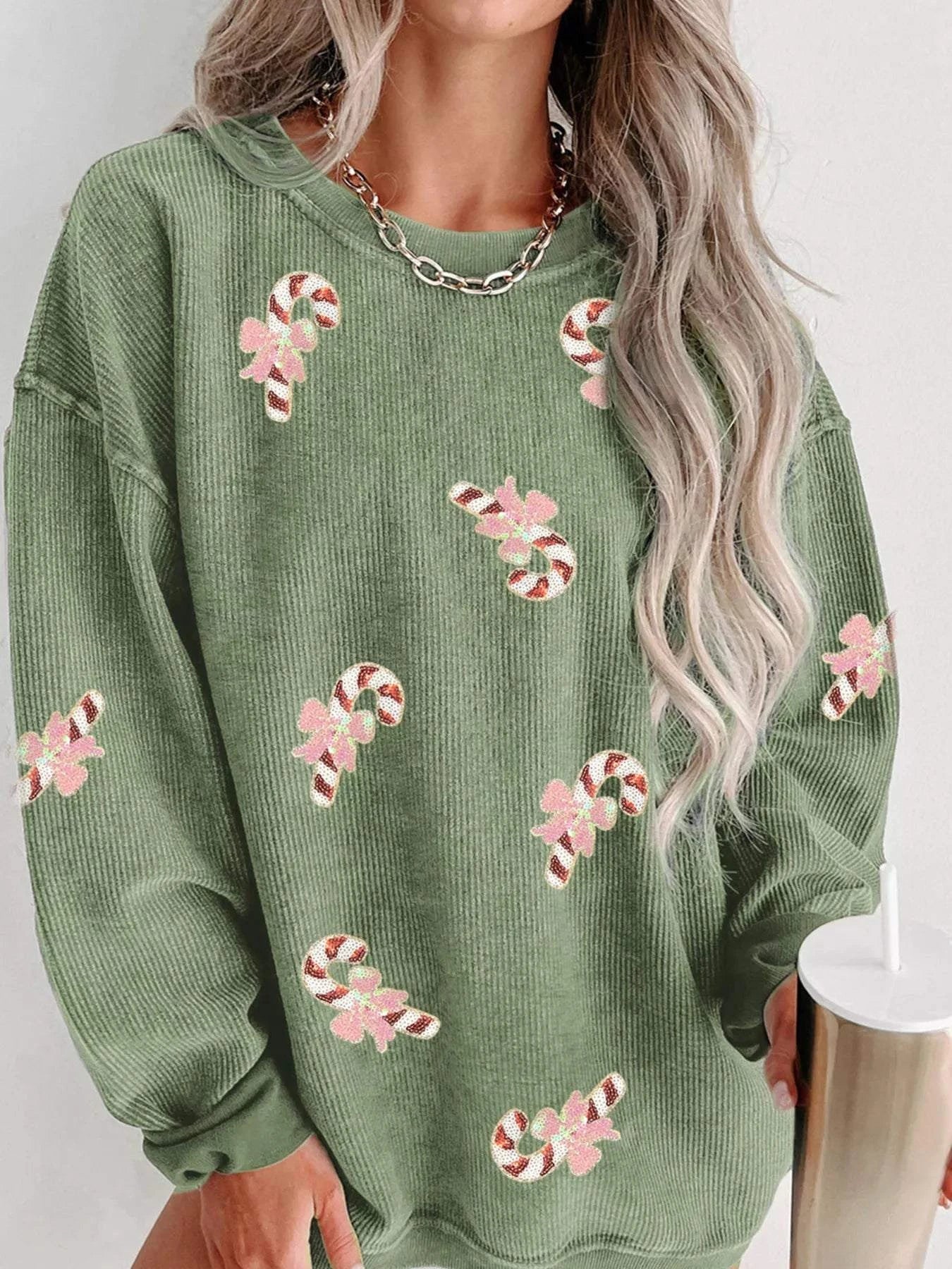 Christmas Sequin Candy Cane Patched Corded Ribbed Baggy Sweatshirt