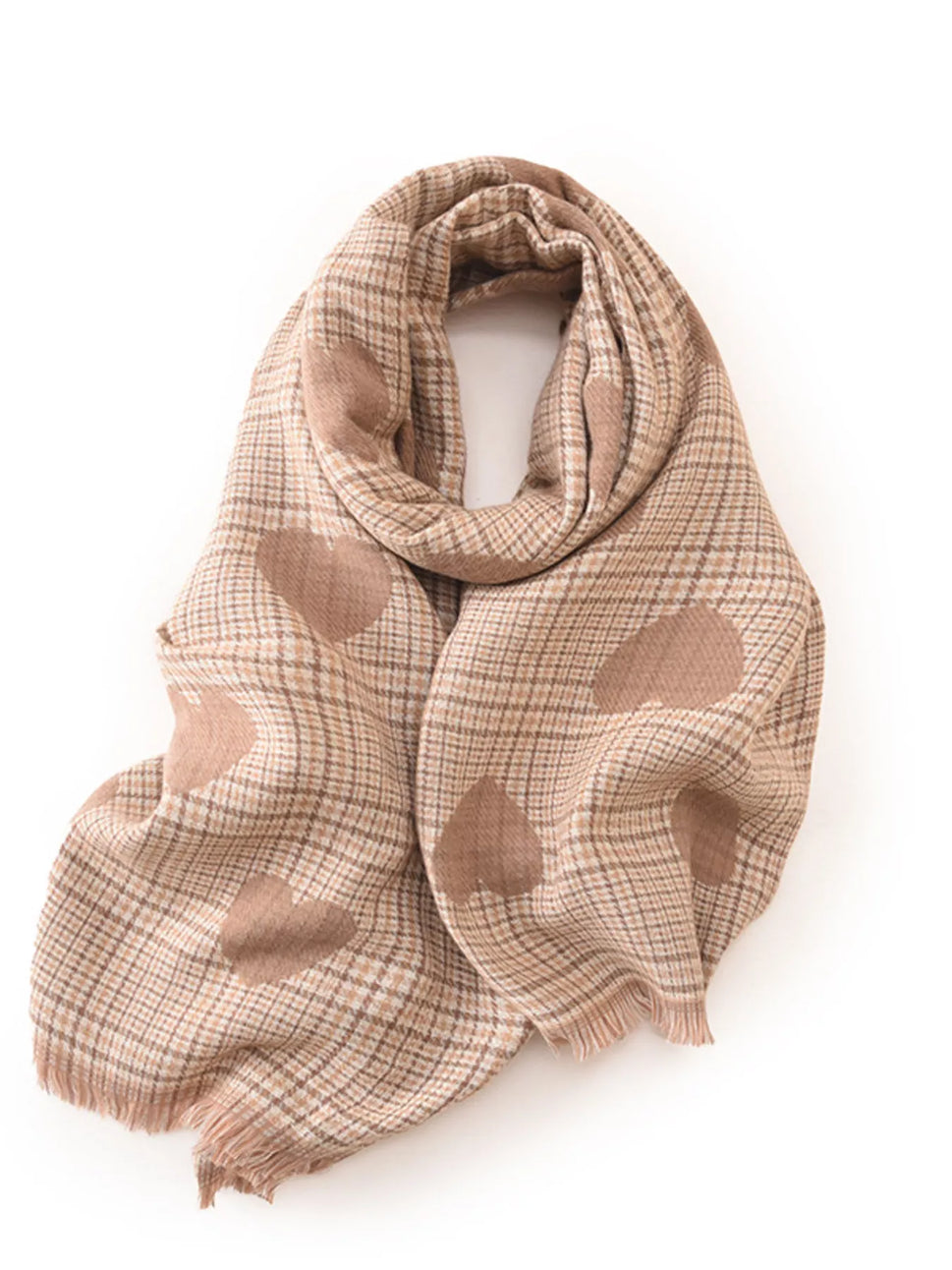 Heart Pattern Plaid Raw Hem Scarf