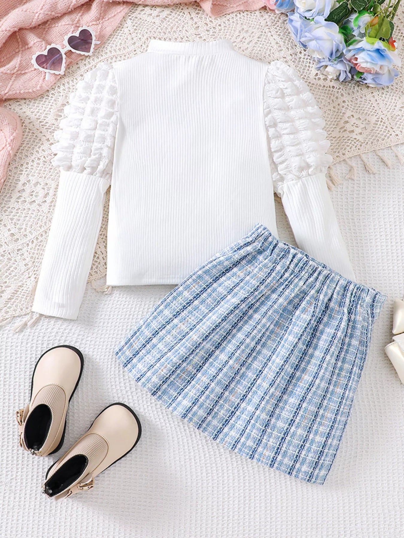 Children's Puff Sleeves Top and Plaid Skirt Set