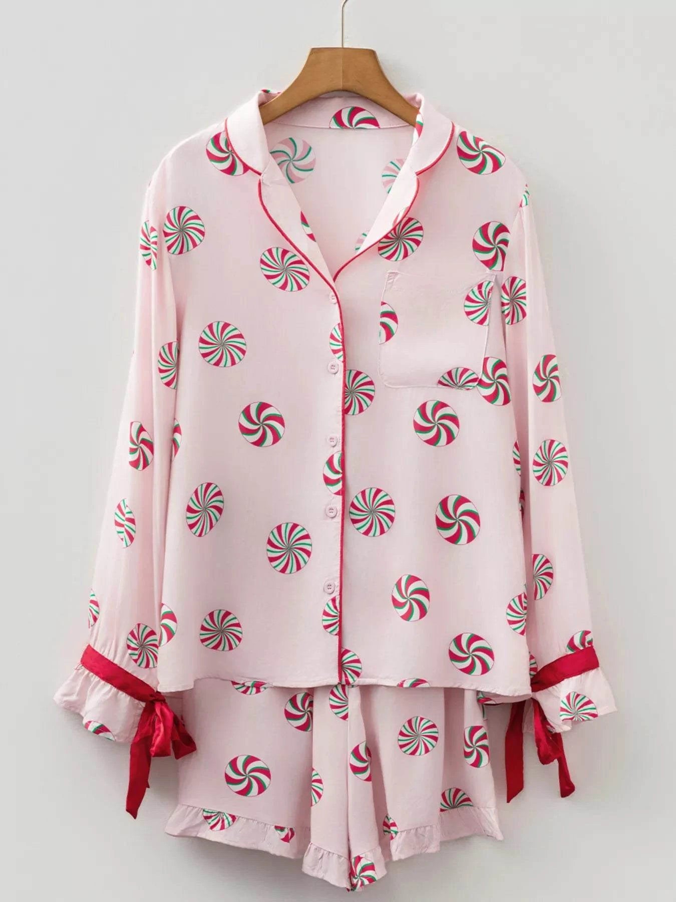 Christmas Candy Contrast Trim Bow Knot Top and Shorts 2pcs Pajama Set