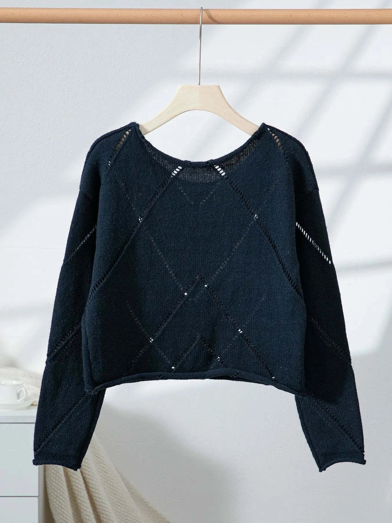 Openwork Boat Neck Long Sleeve Sweater