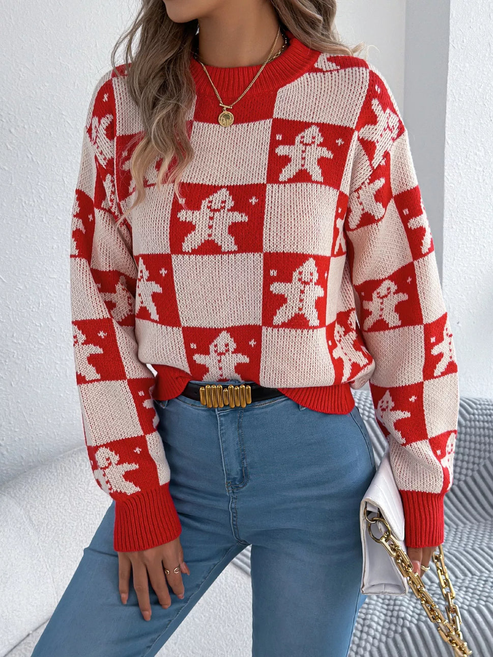 Christmas Checkerboard Gingerbread Round Neck Sweater