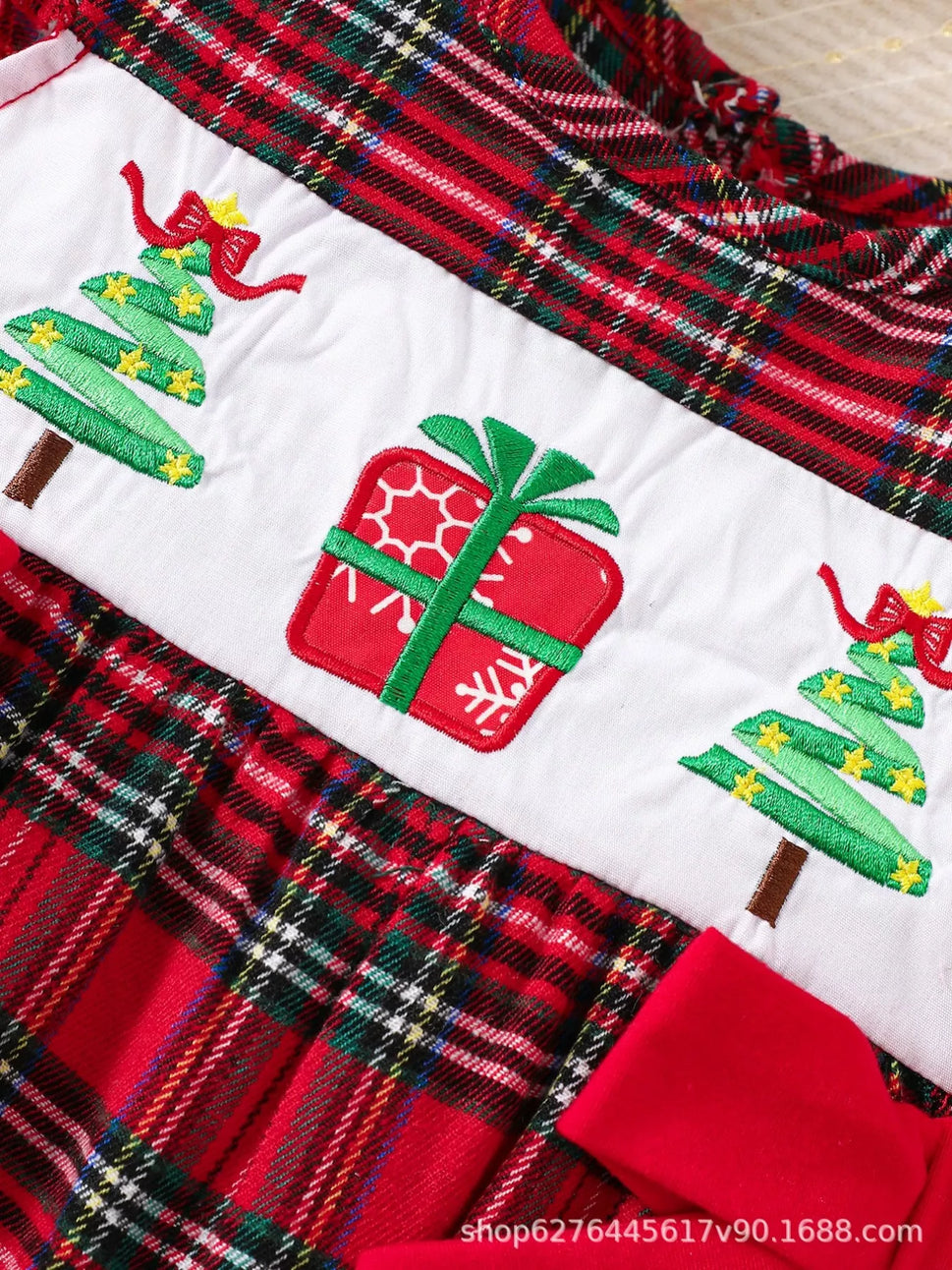 Children's Christmas Plaid Ruffle Sleeve One-Piece