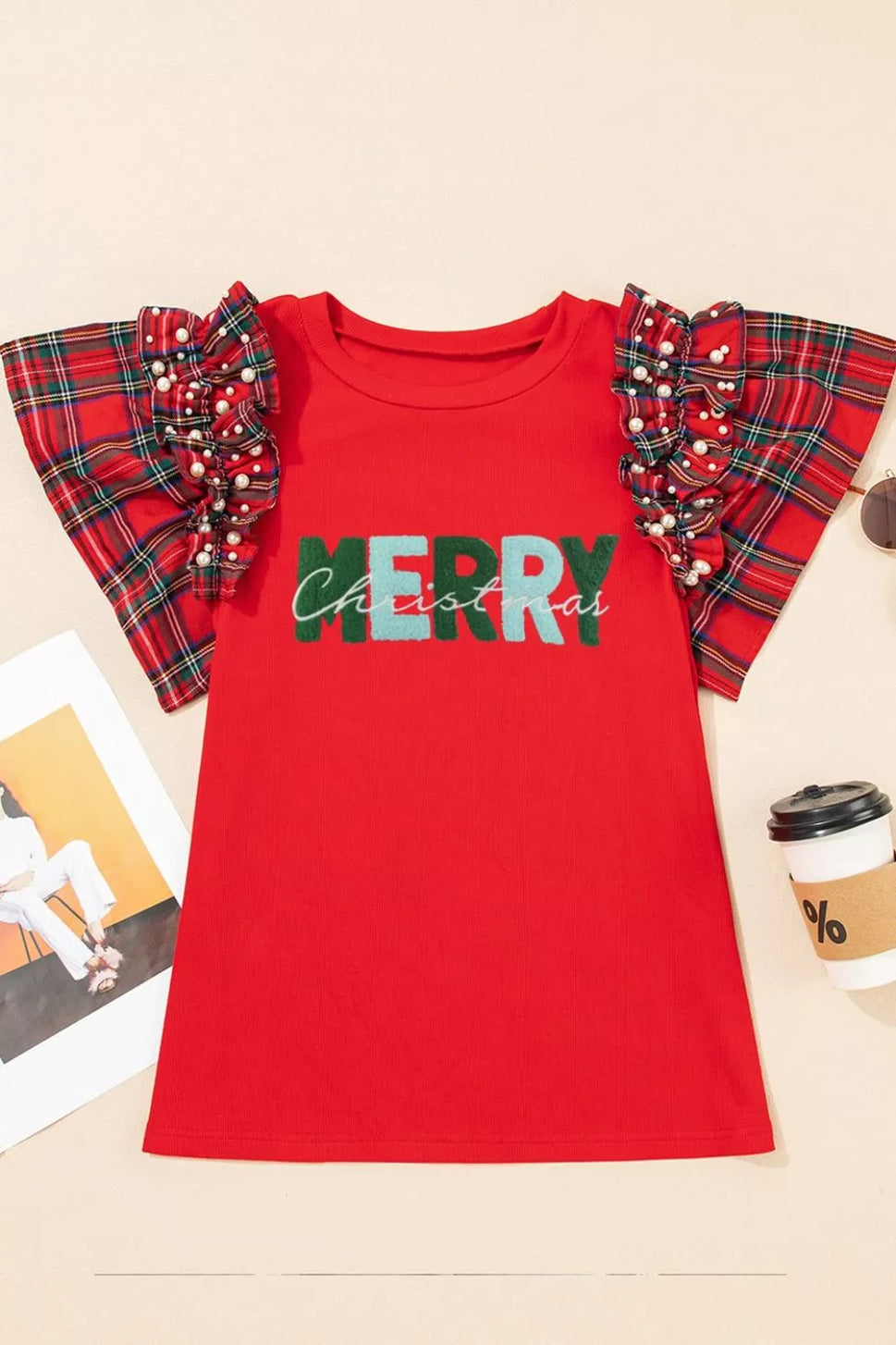 MERRY Plaid Ruffled Cap Sleeve Christmas Knit Top