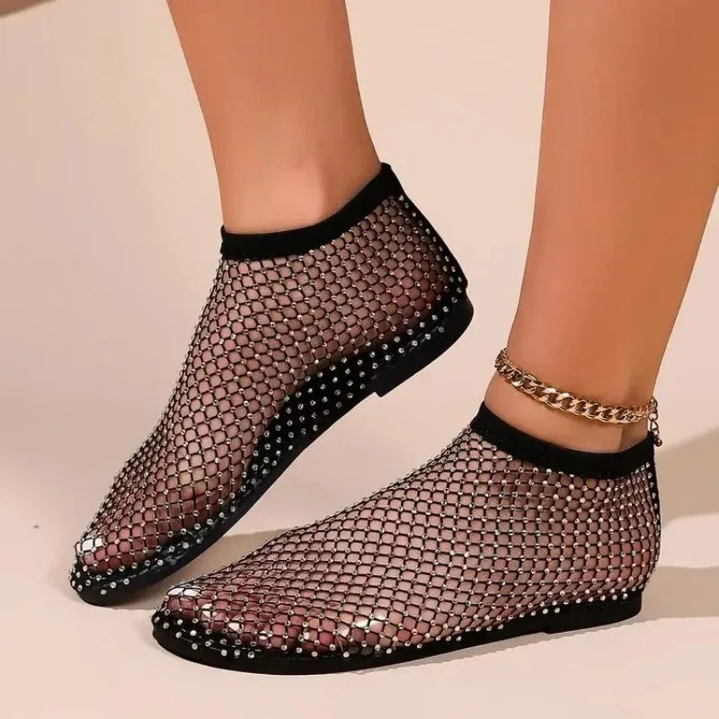 Fashion Women'S Flat Sandals Rhinestone Fishing Net Sandals Flat Bottom Footware Roman Flat Party Shoes Zapatillas Mujer 2024